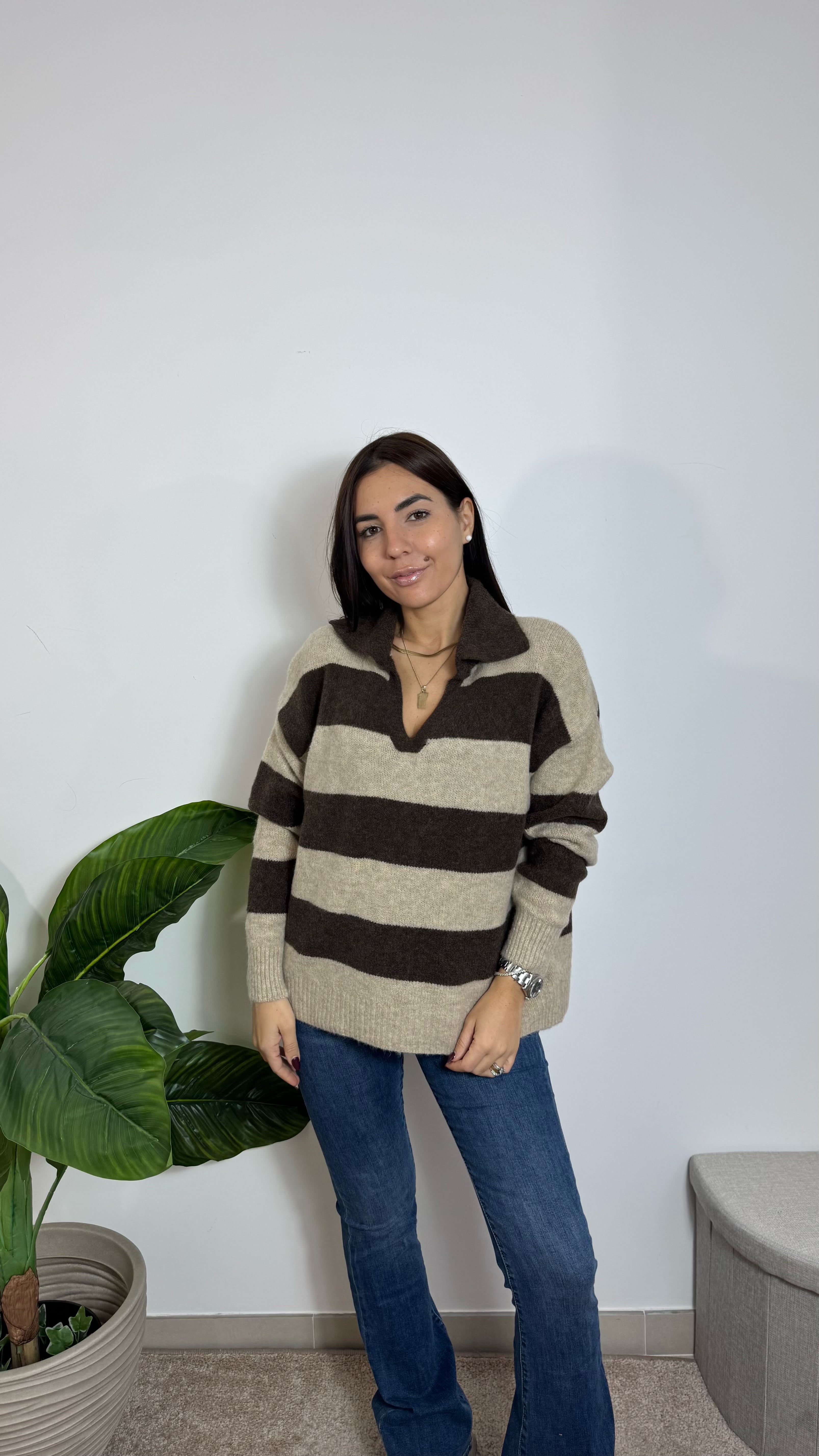 Pull Polo Righe Soft Nude