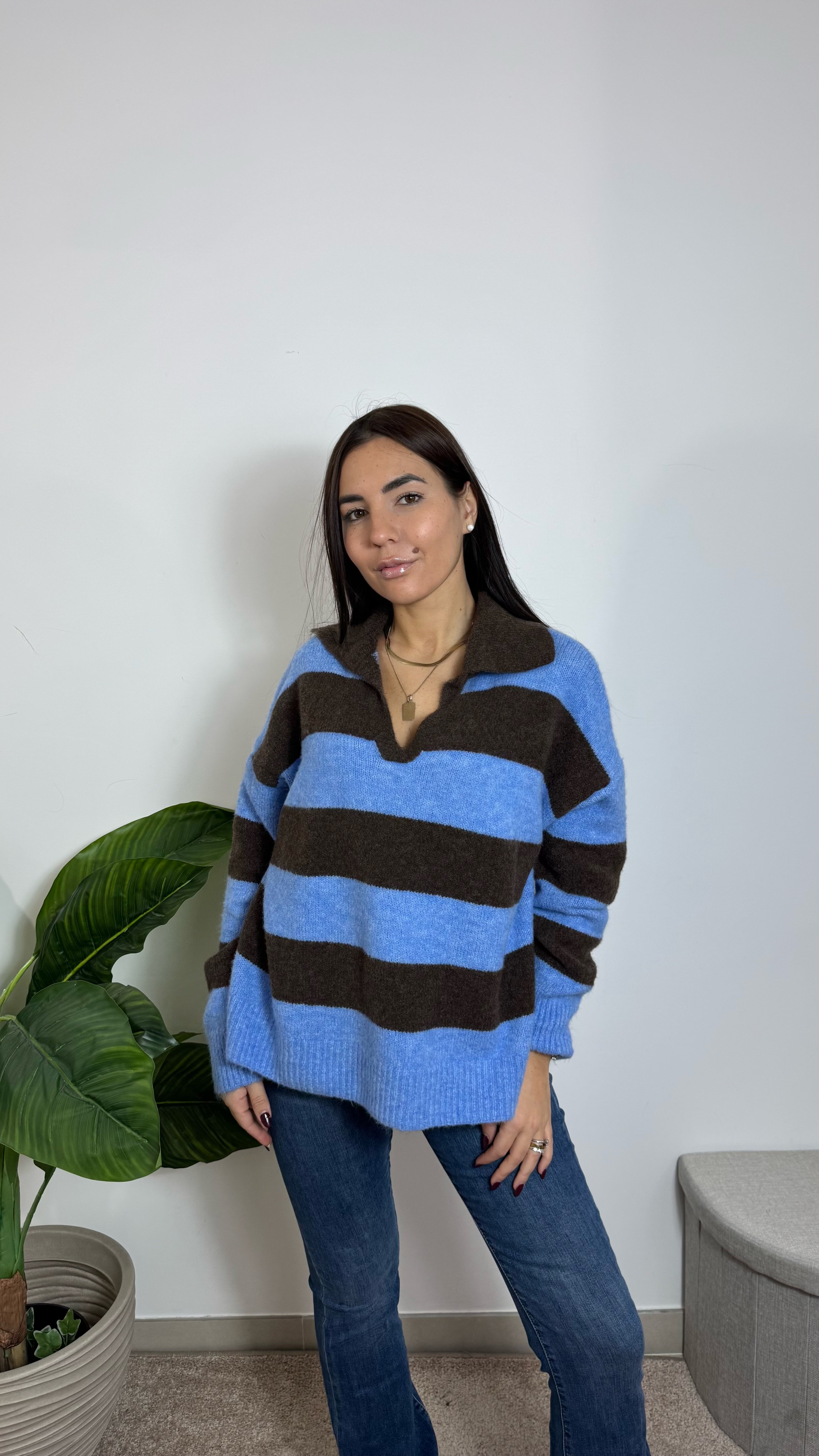 Pull Polo Righe Soft Azzurro&Choco