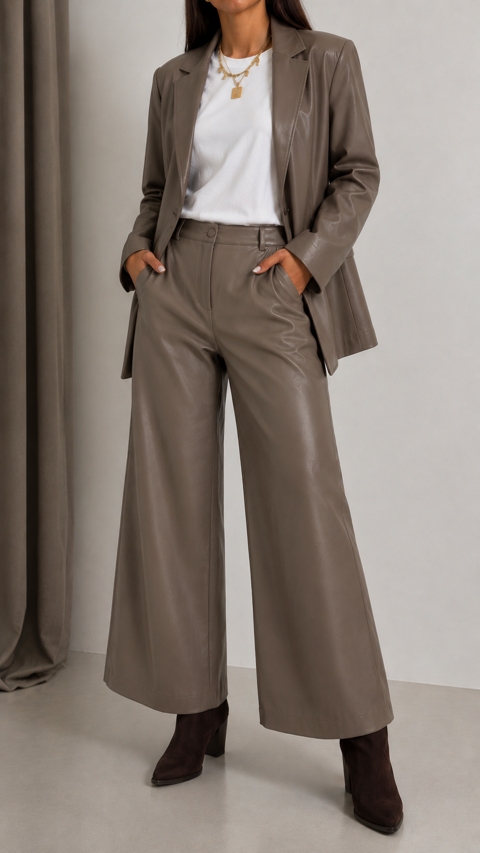 Pantalone Wide Ecopelle Tortora