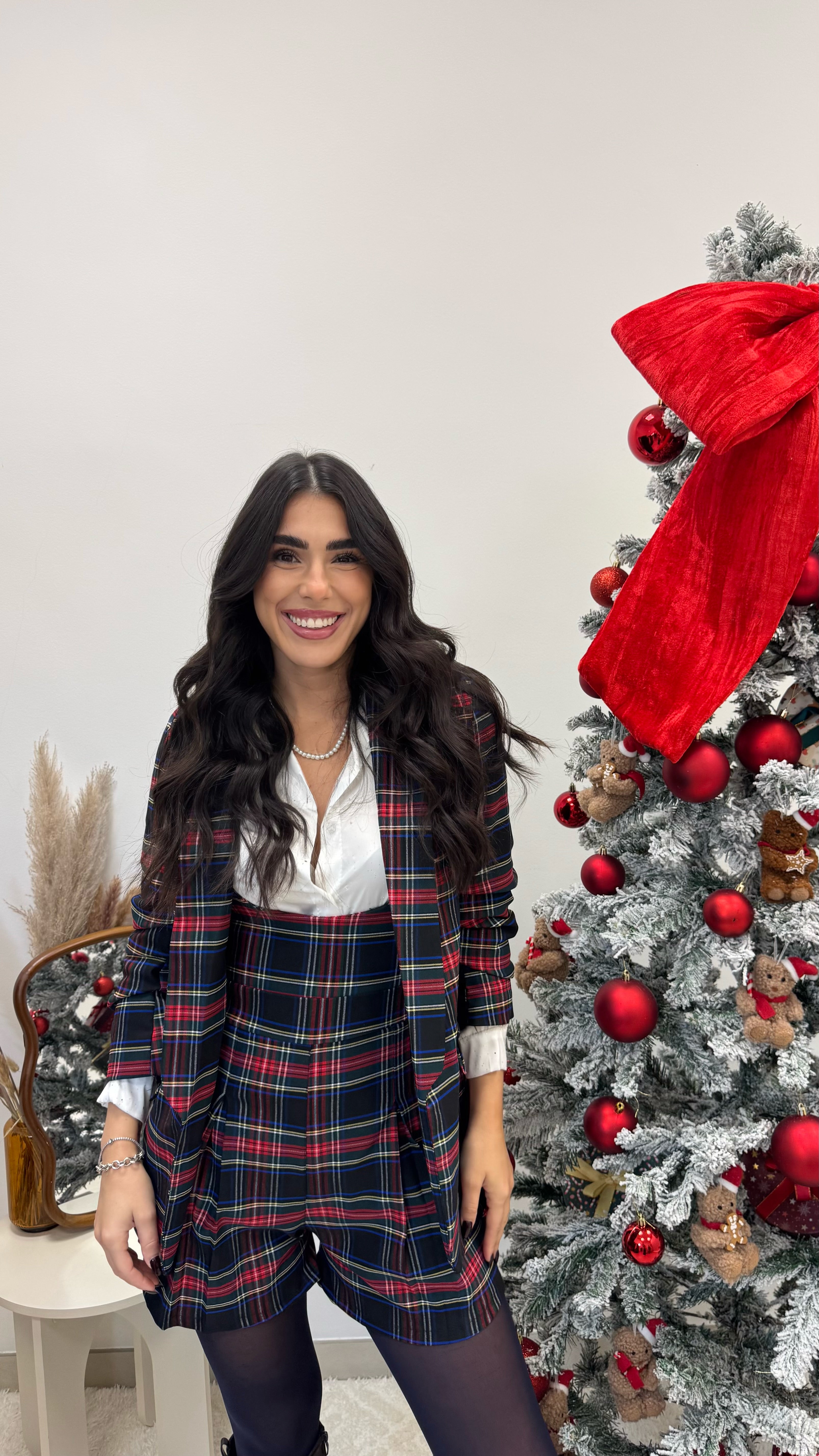 🎄Giacca Tartan Manica Arricciata Blu