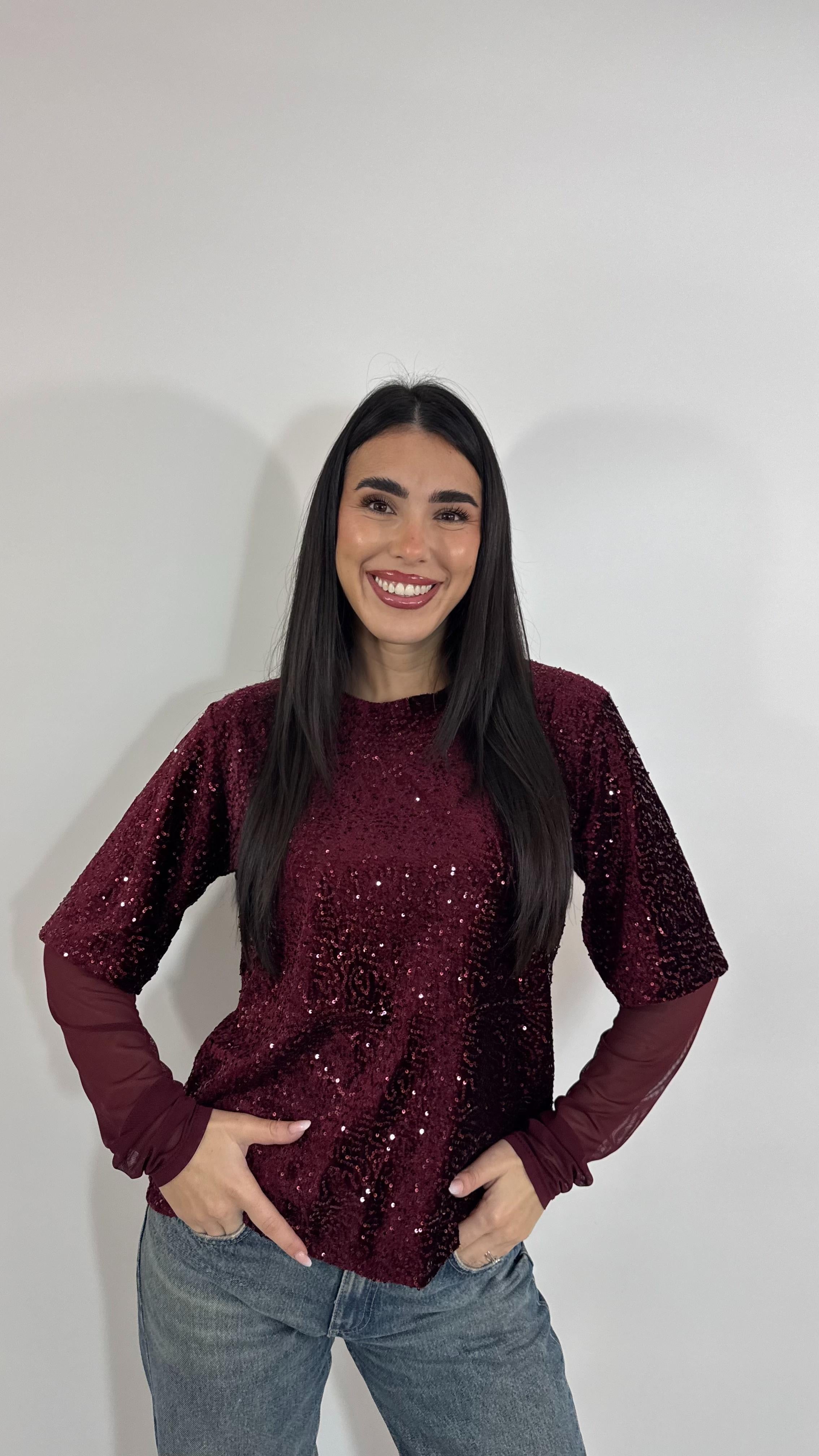 🥂Maglia Paillettes Manica Tulle Burgundy