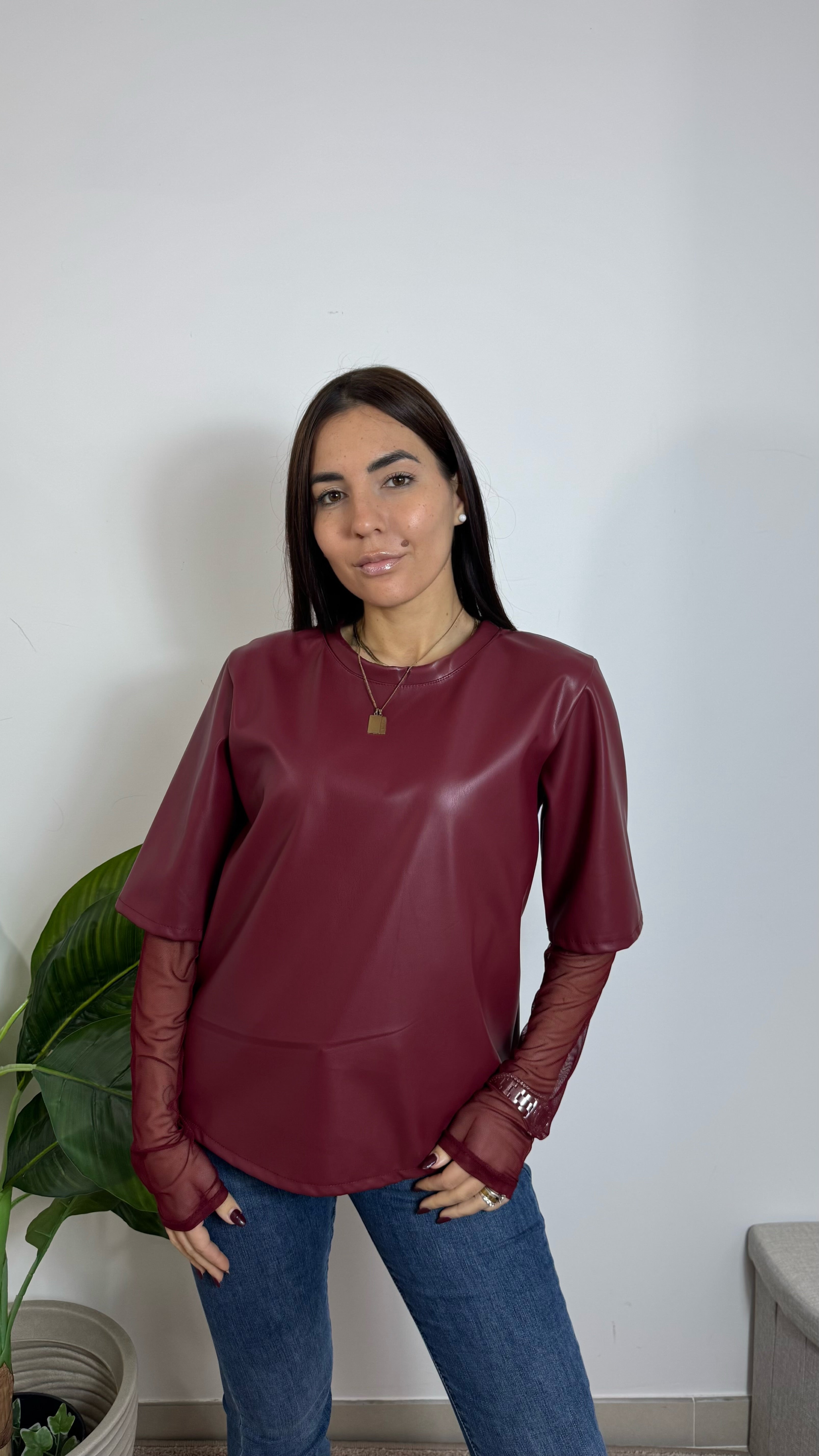 Maglia Ecopelle Manica Tulle Burgundy