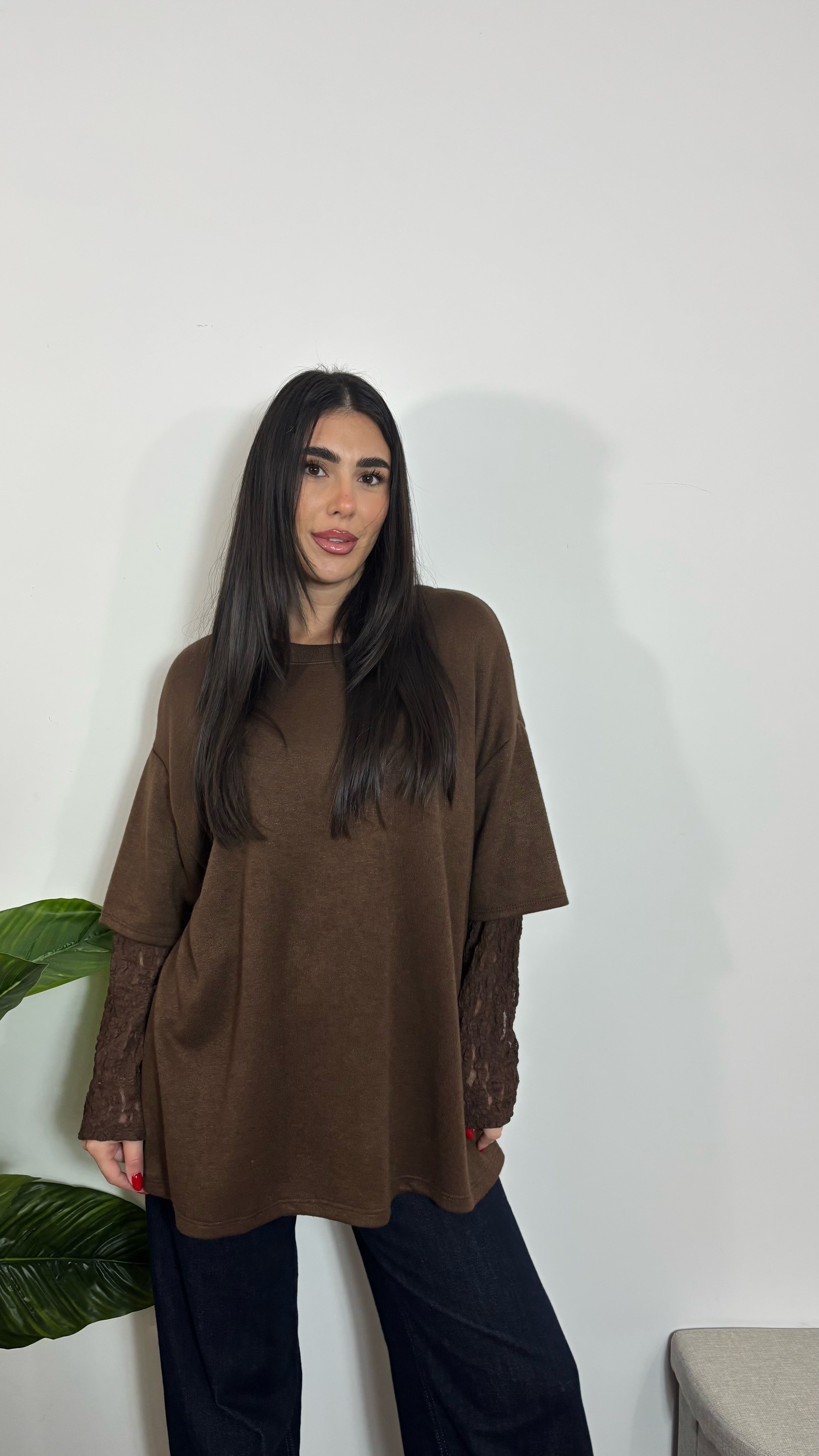 Maxi Maglia Maniche in Pizzo Choco