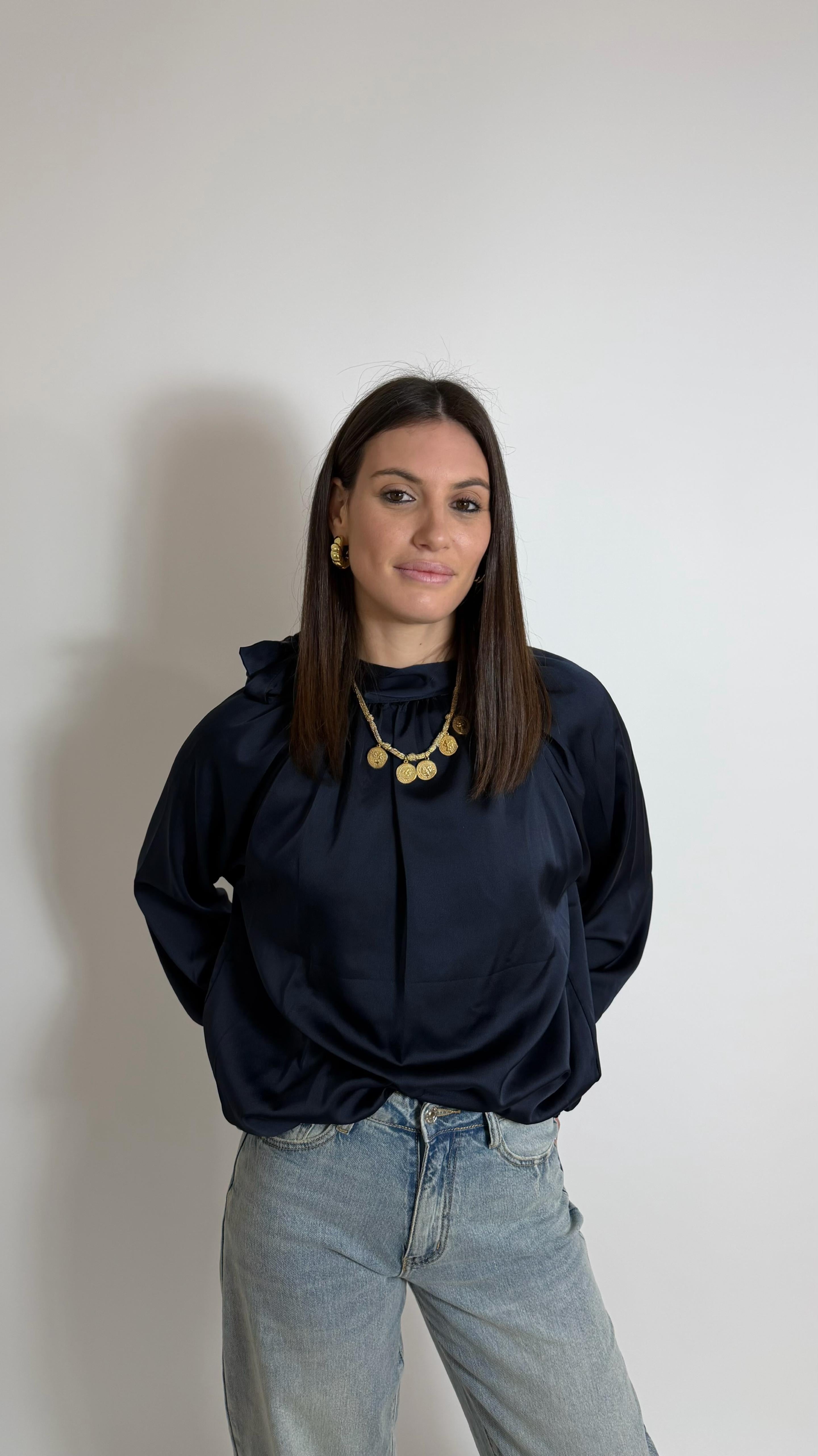 Camicia Fiocco Effetto Raso Blu Notte