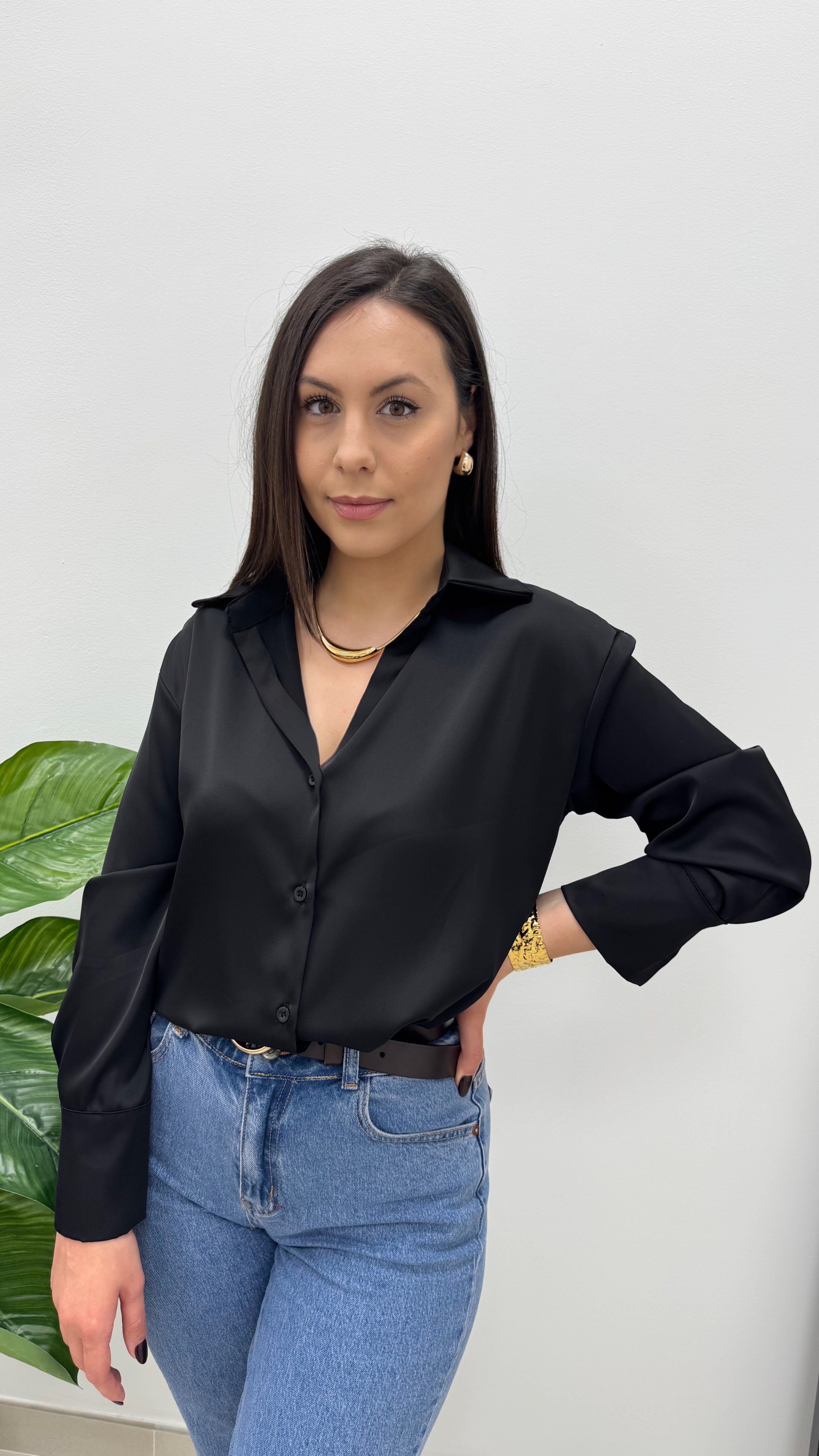 Camicia Over Effetto raso Nero