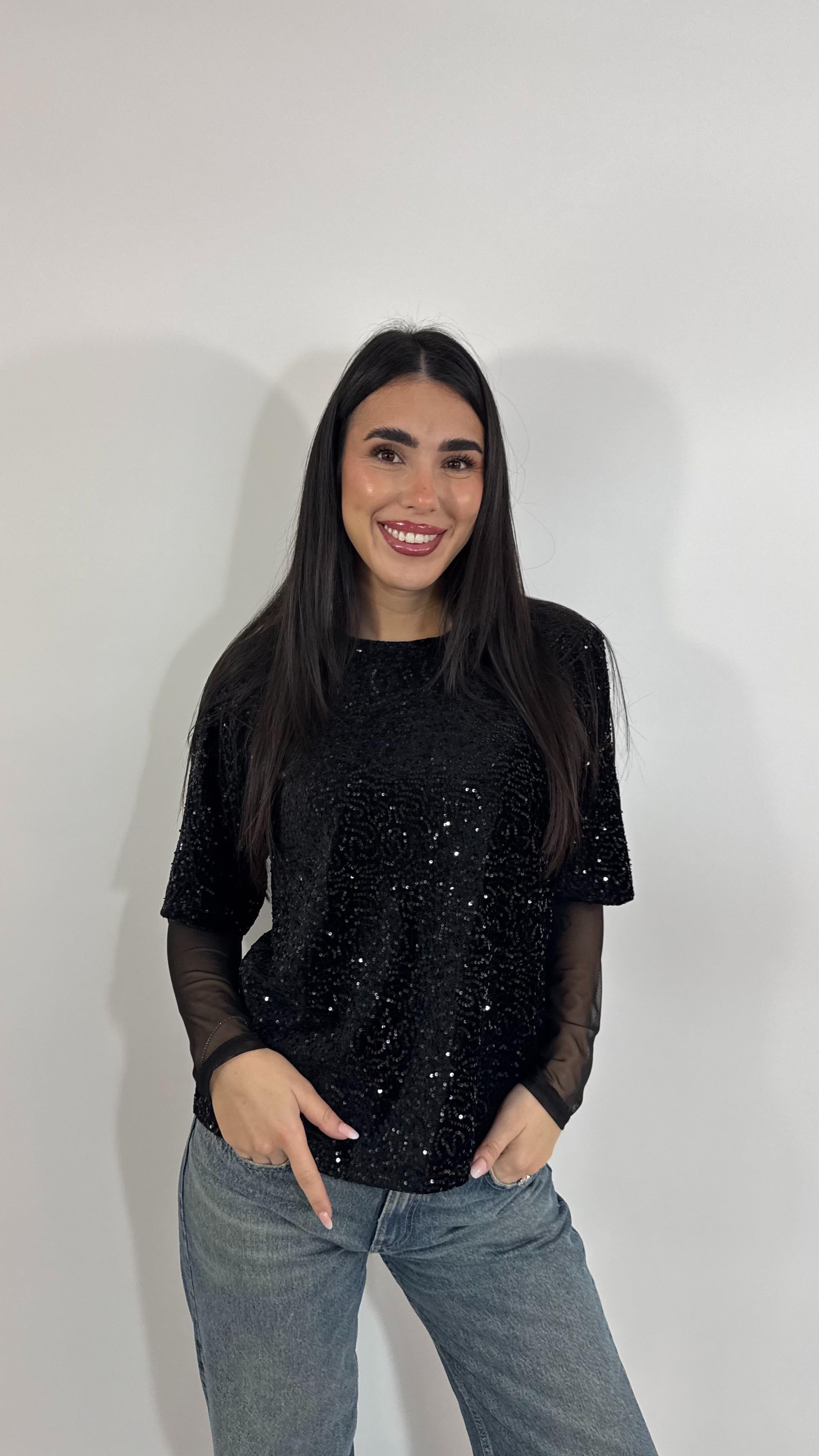 🥂Maglia Paillettes Manica Tulle Nera