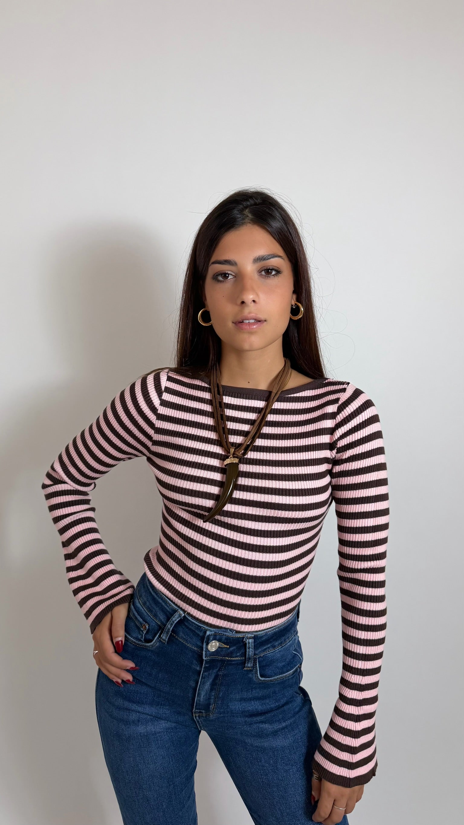 Maglia Rib Stripe Pink/Choco