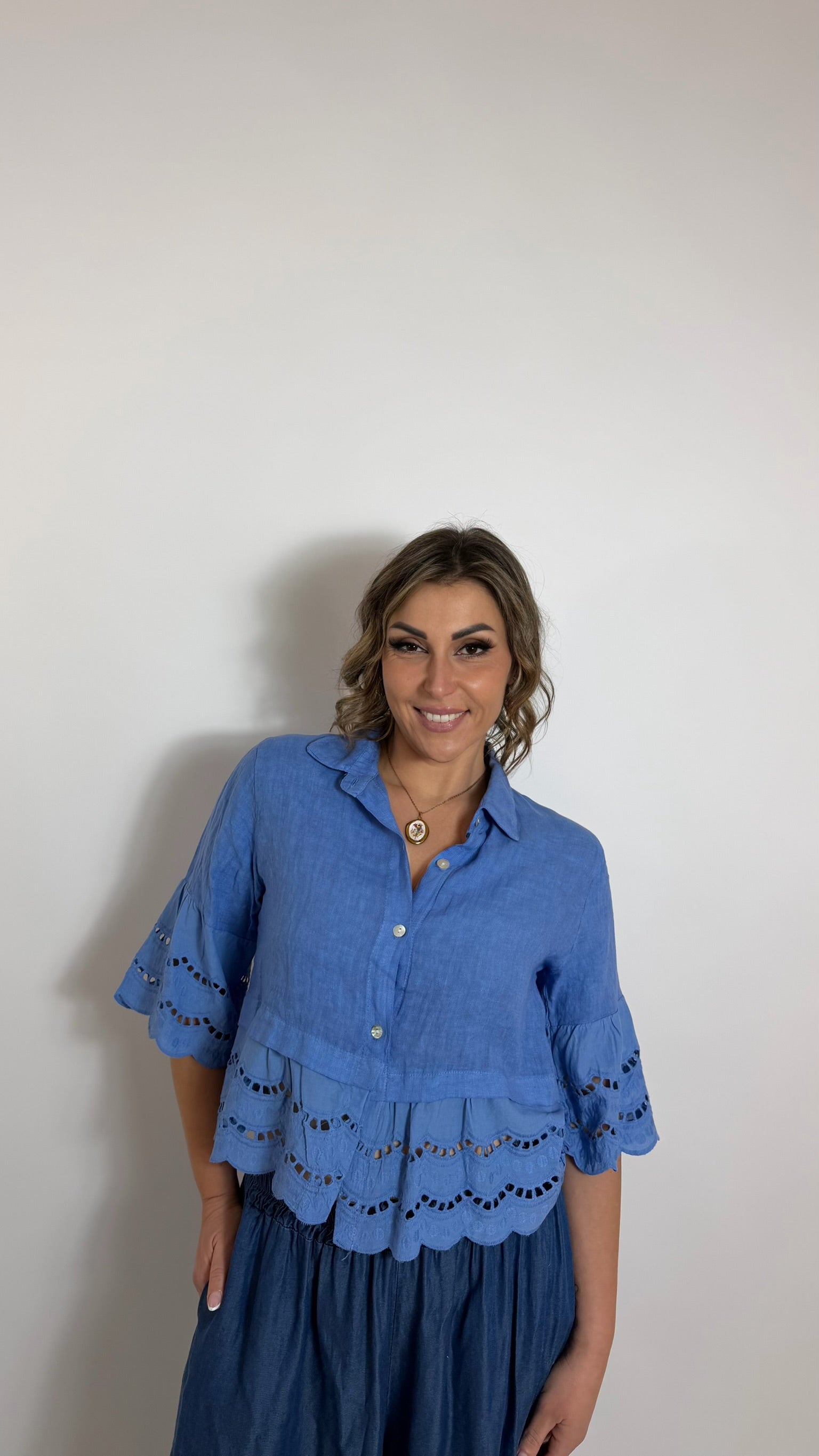 Camicia Crop Lino Sky