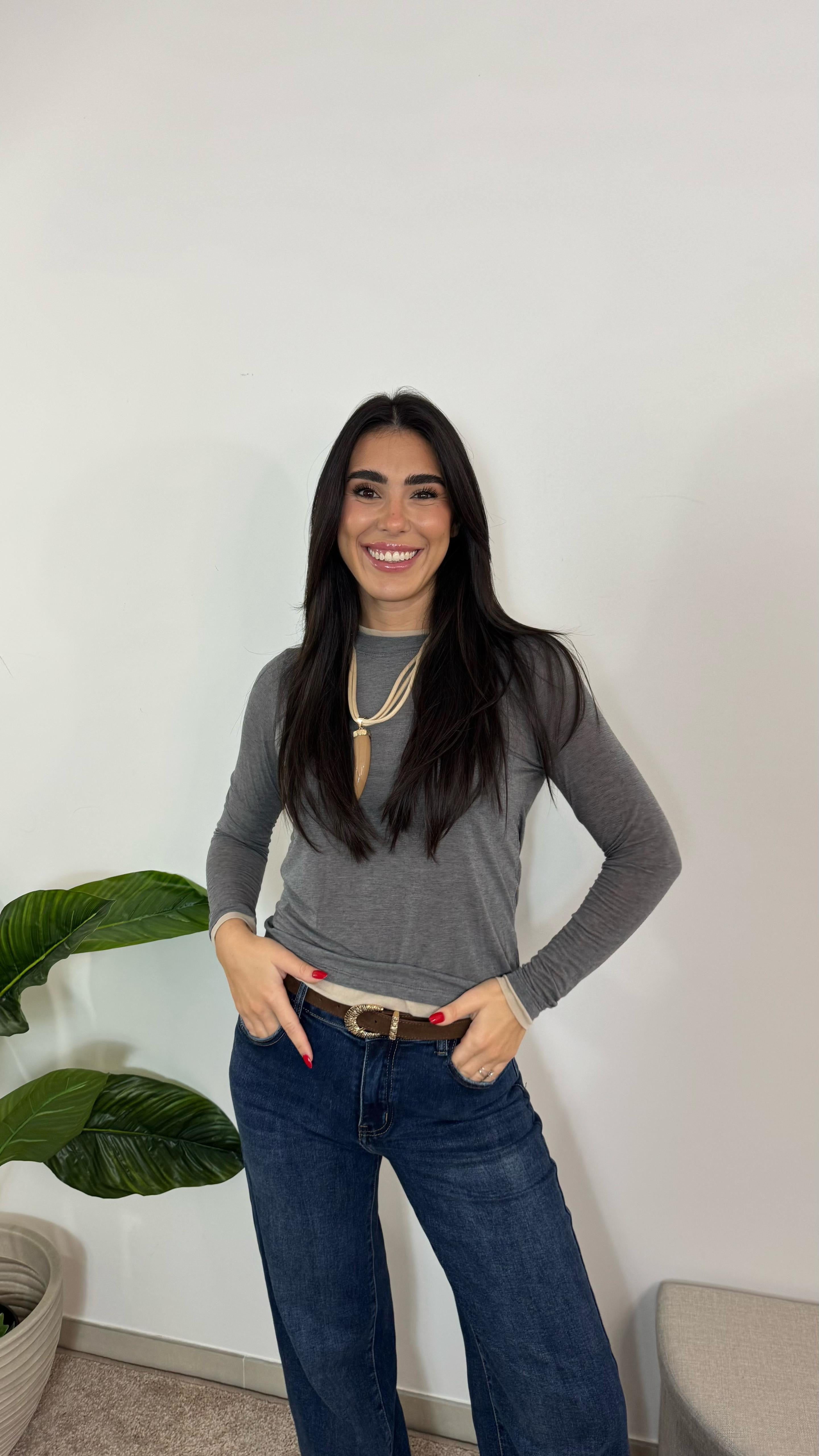 Maglia Cashmere Bicolor Grigio Perla