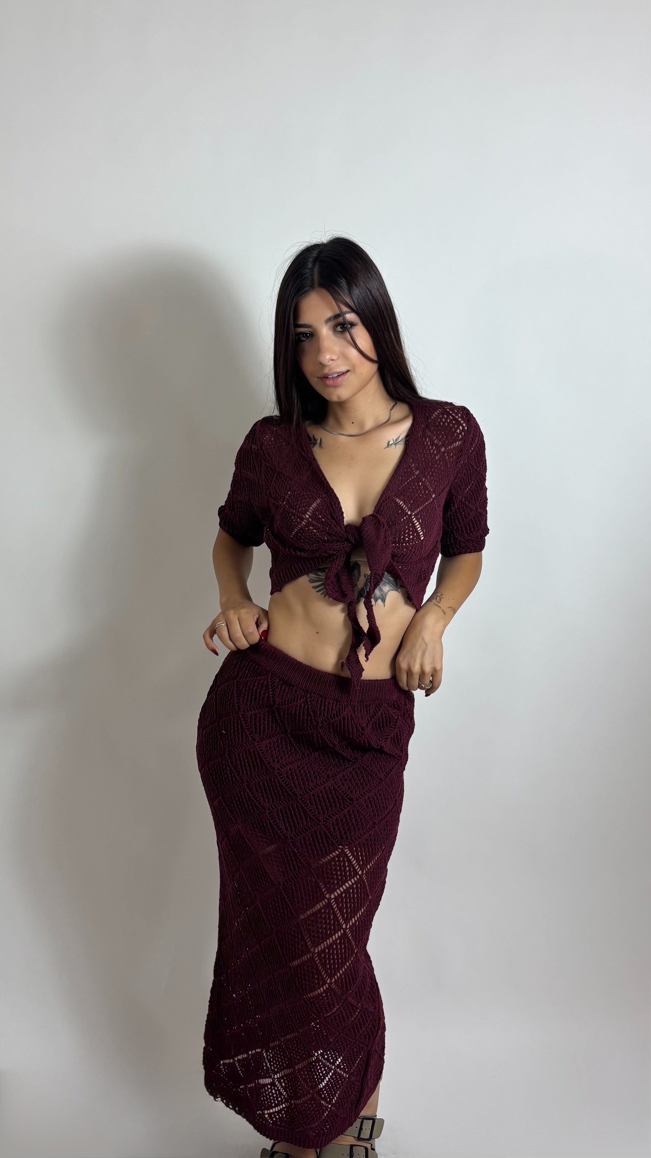 Set Cardigan & Skirt Crochet Burgundy