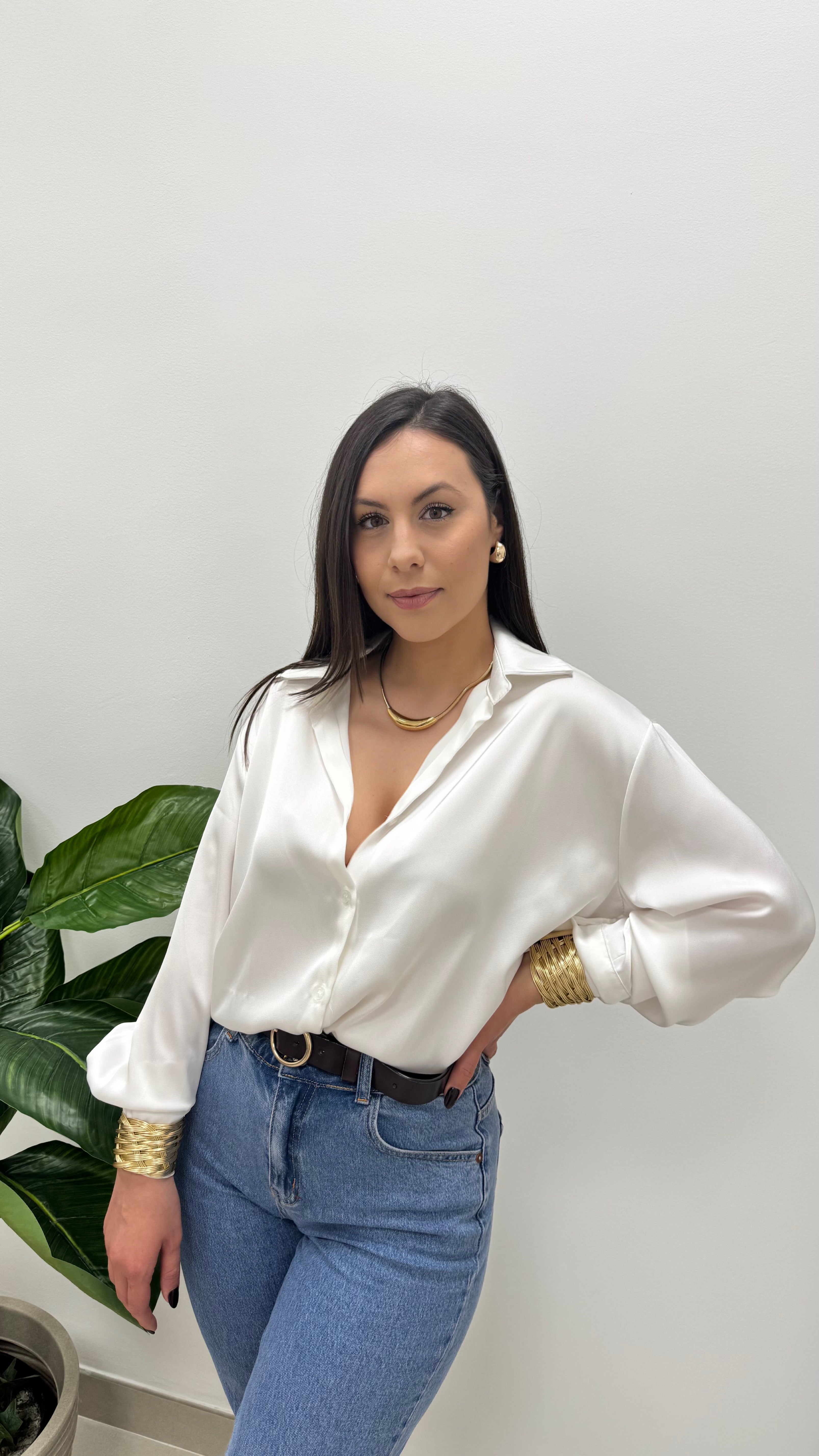 Camicia Over Effetto Raso Bianca