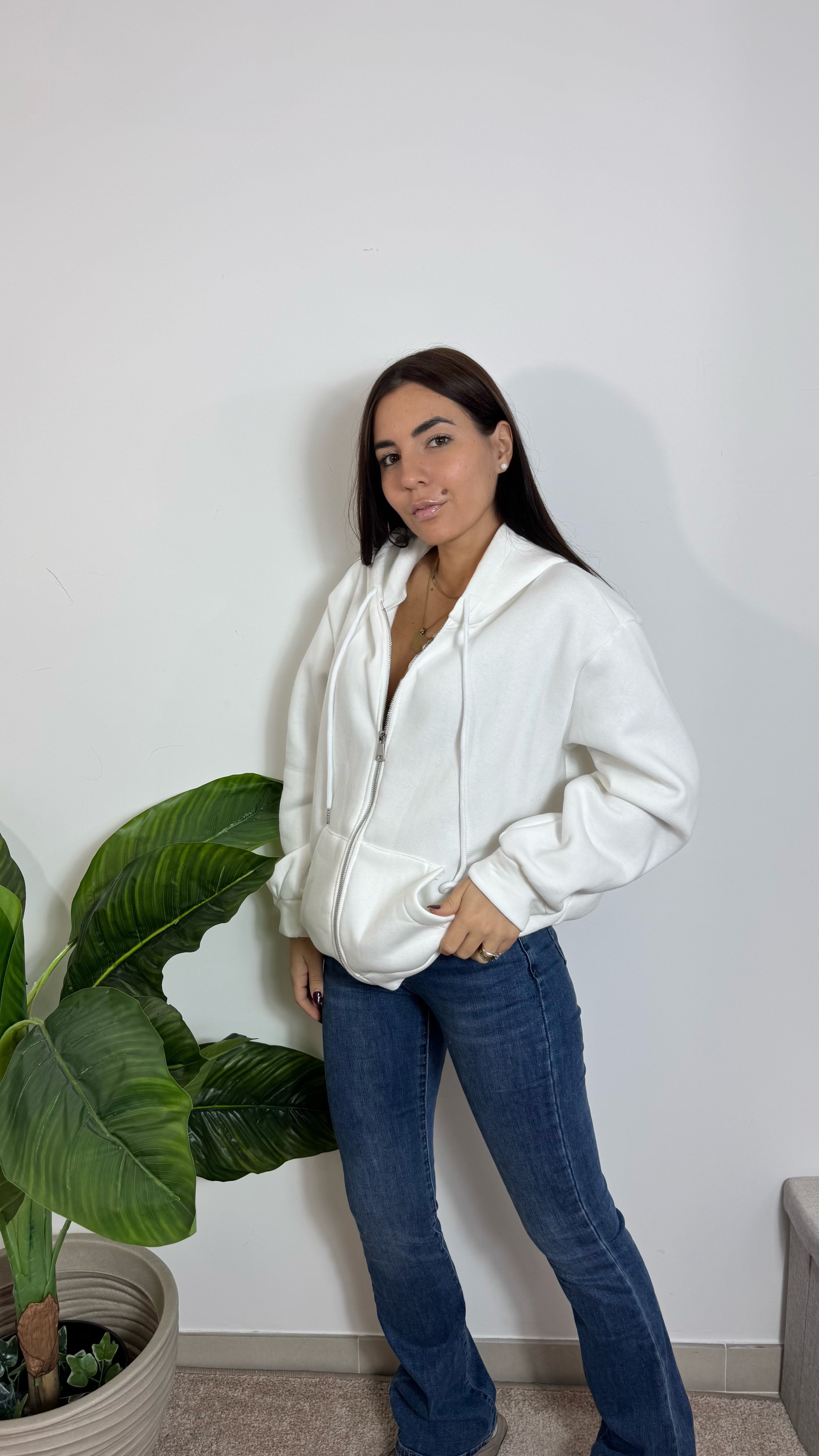 Felpa Puffy Con Zip Bianca