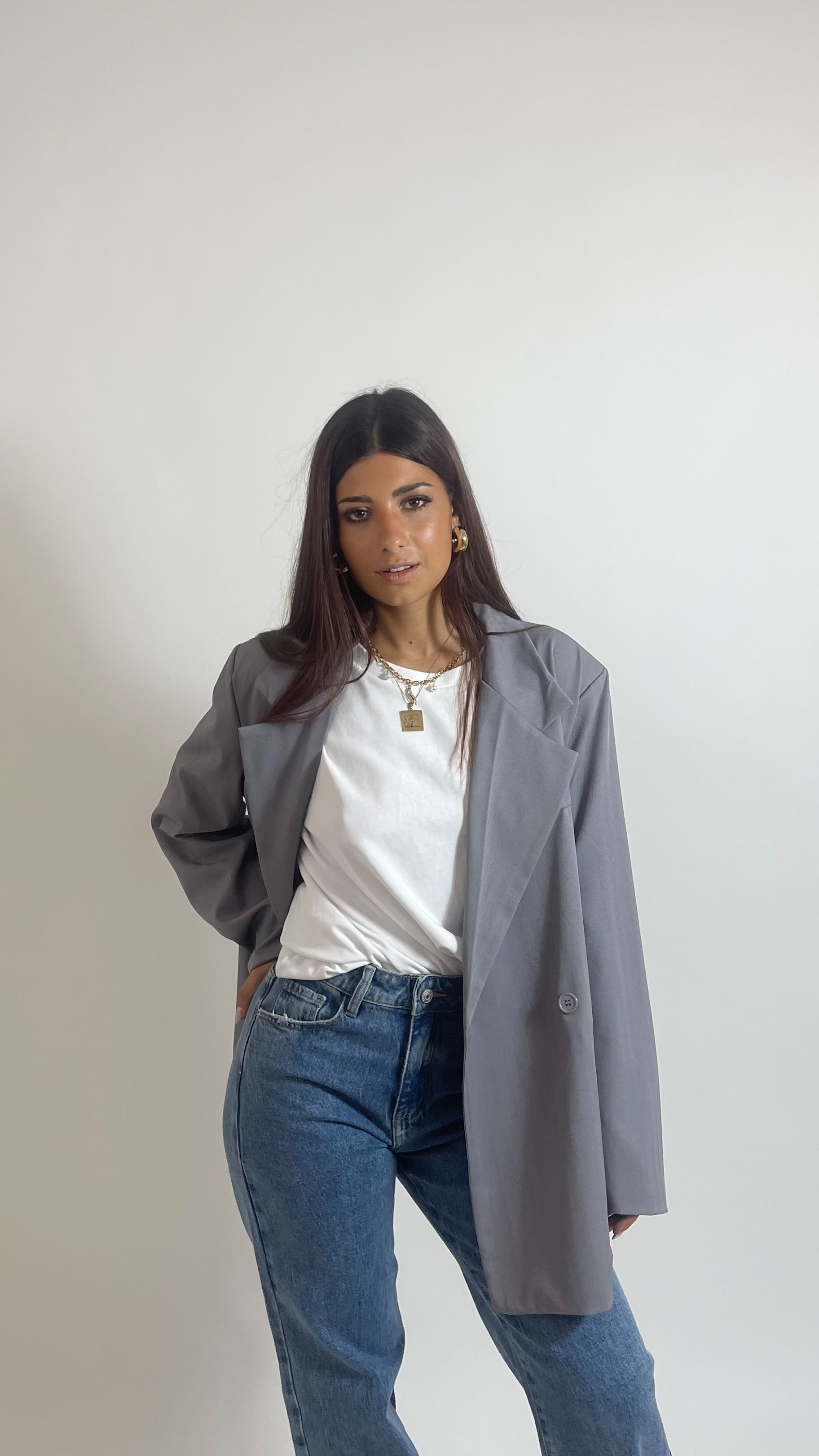 Giacca Over Herringbone Grigia
