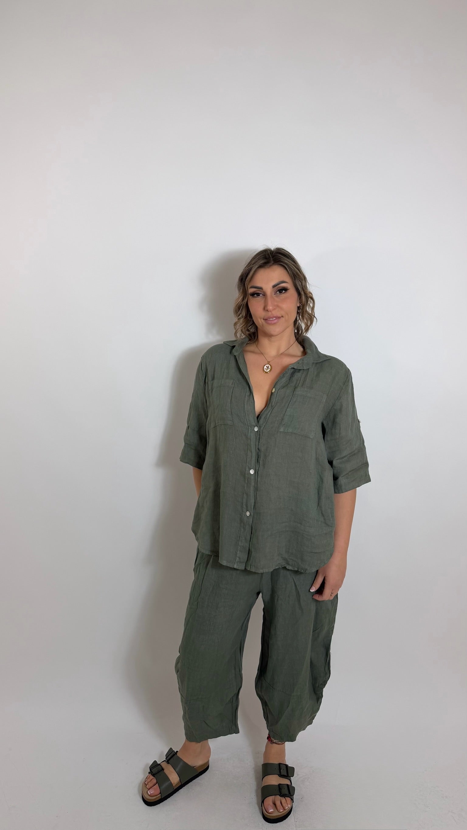Pantalone Lino Balloon Verde Utility