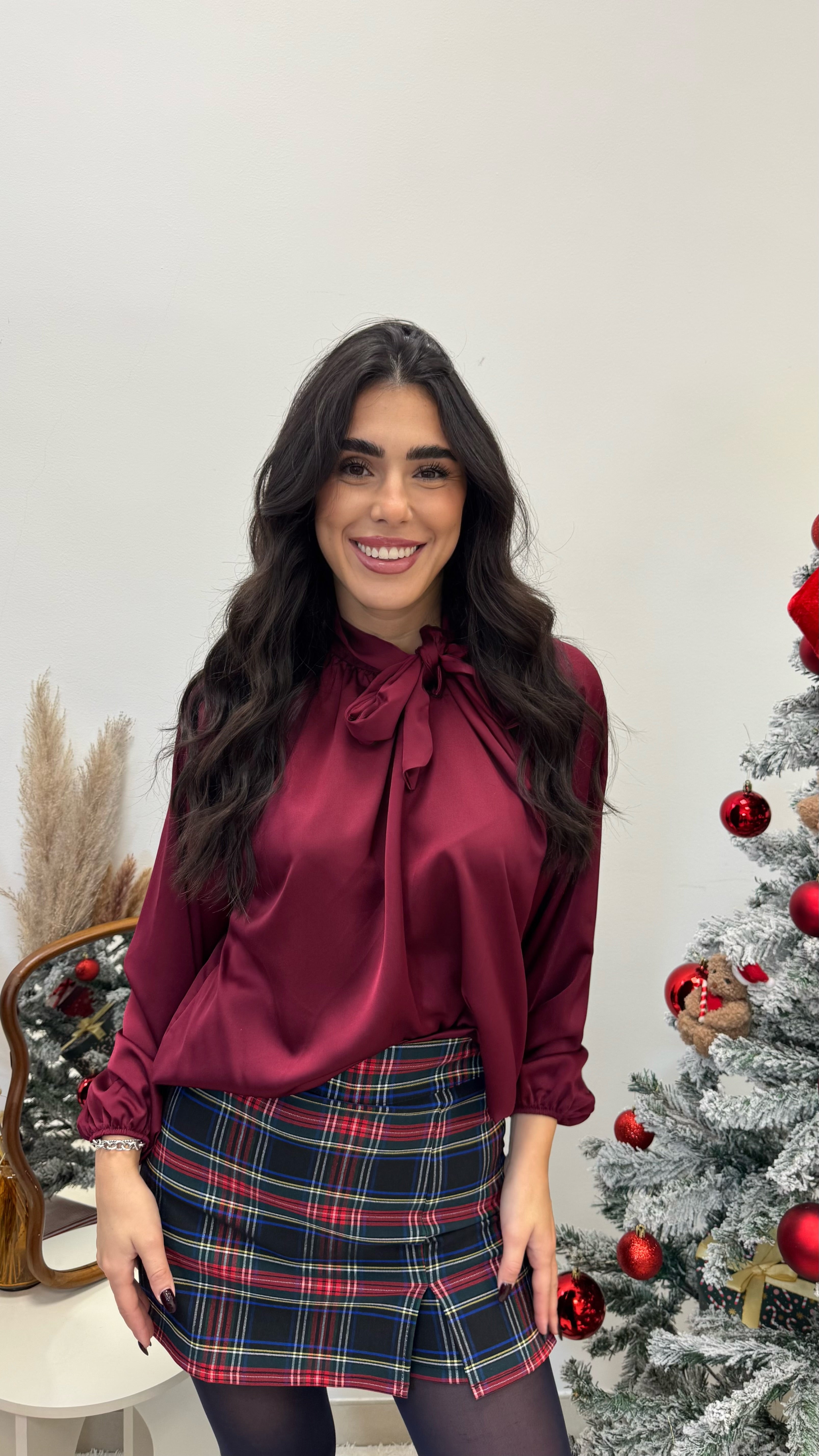 🥂Camicia Fiocco Effetto Raso Burgundy