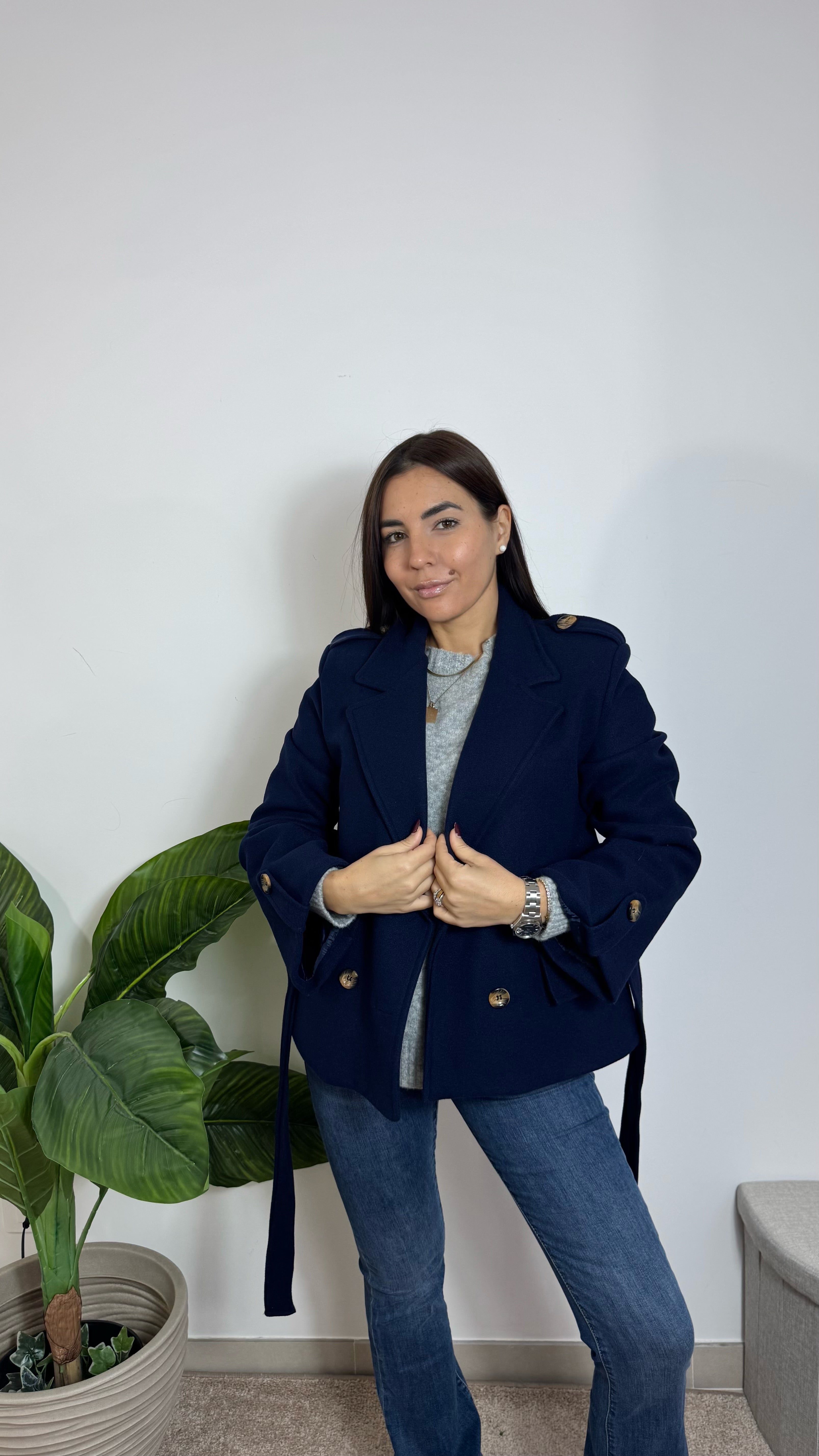 Mini Coat Con Cinta Blu Notte