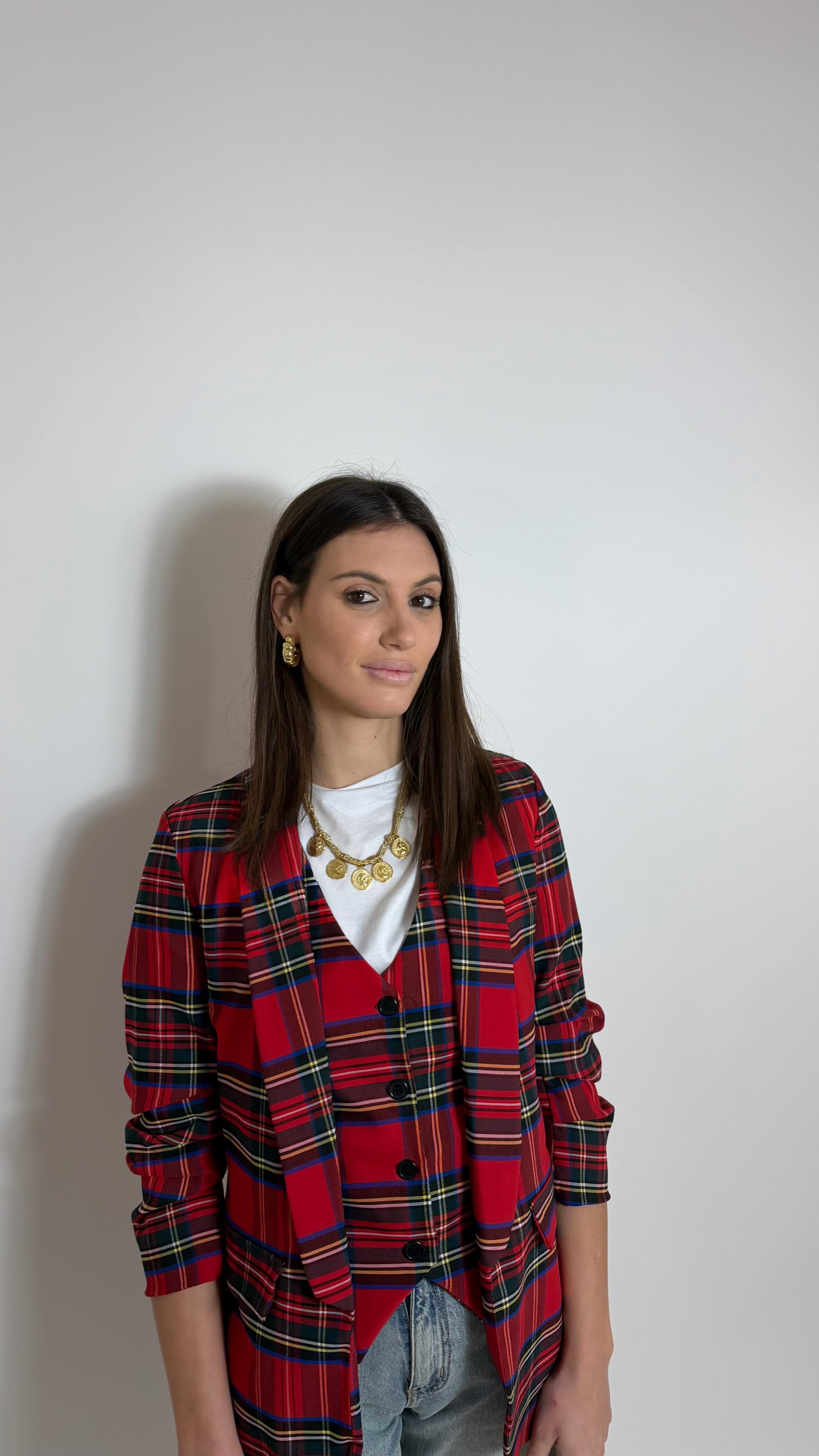 Giacca Tartan Manica Arricciata Rossa