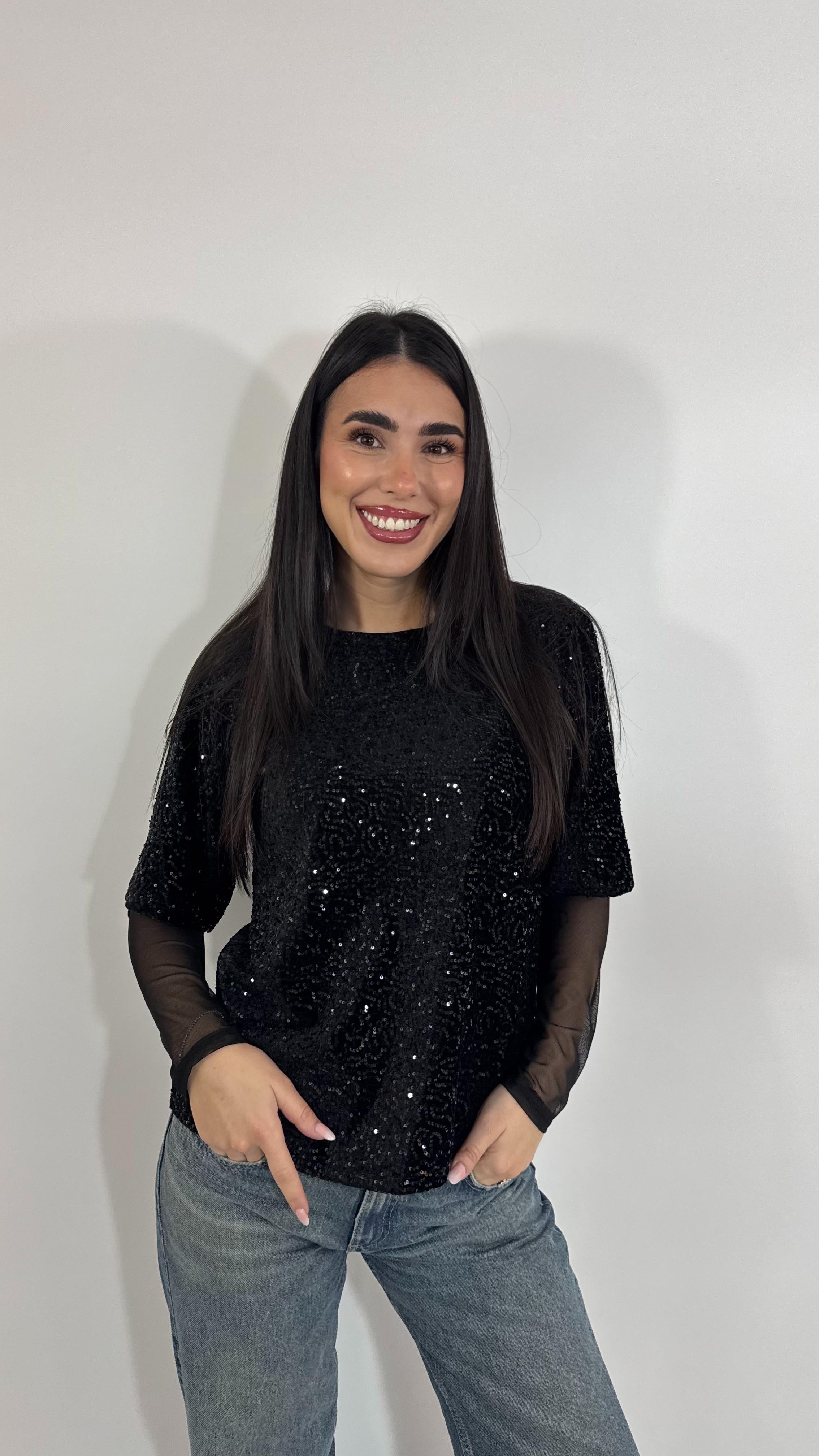 🥂Maglia Paillettes Manica Tulle Nera
