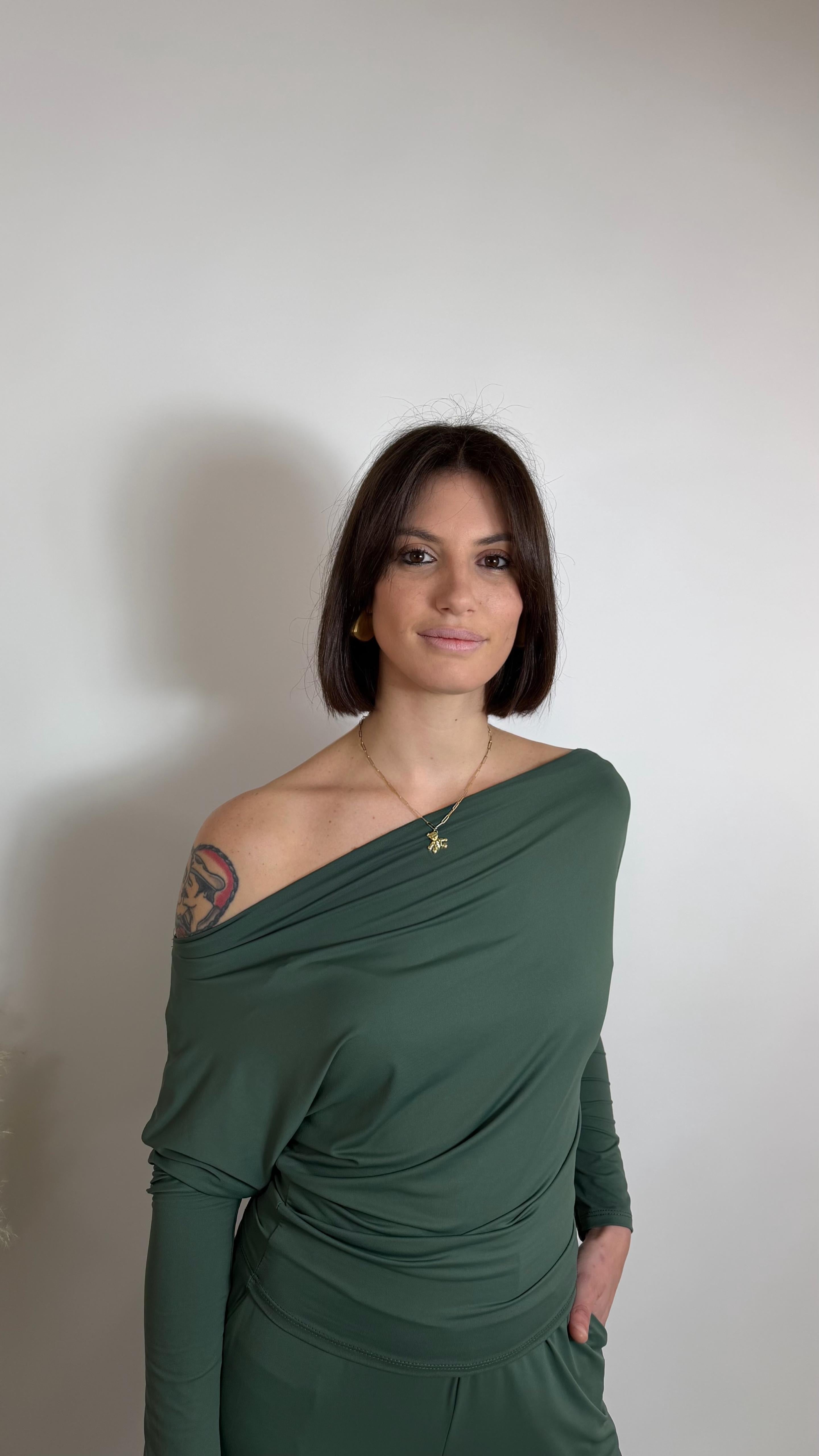 Maglia Yoga Second Skin Spalla scesa / Verde