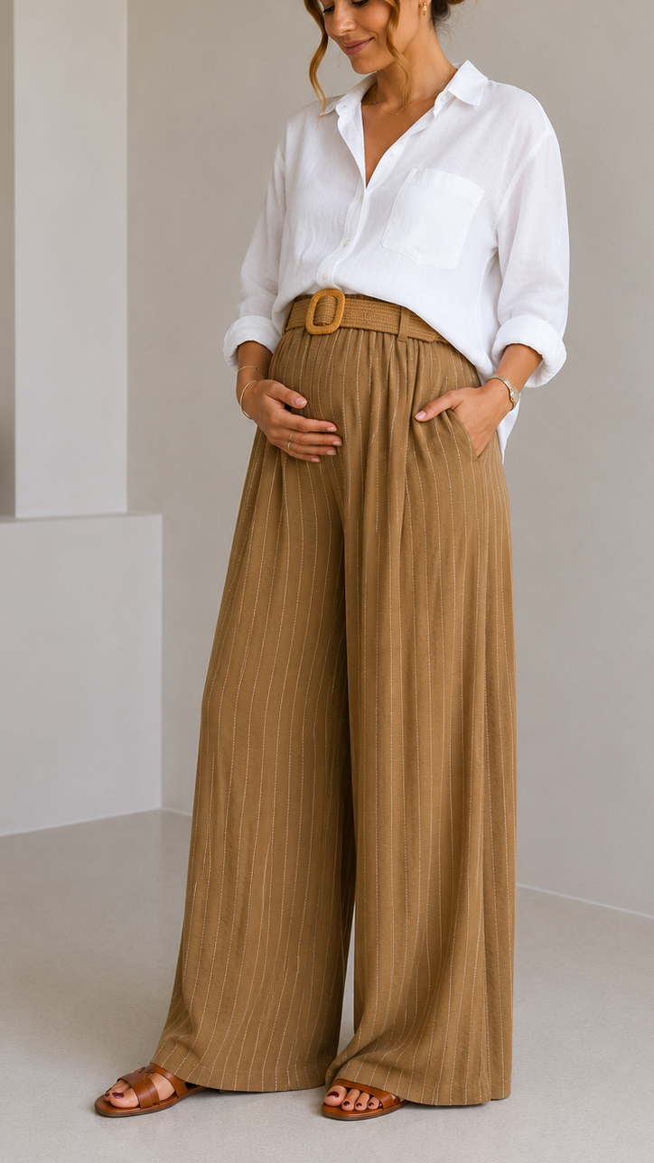 Pantalone Gesso con Cintura Camel