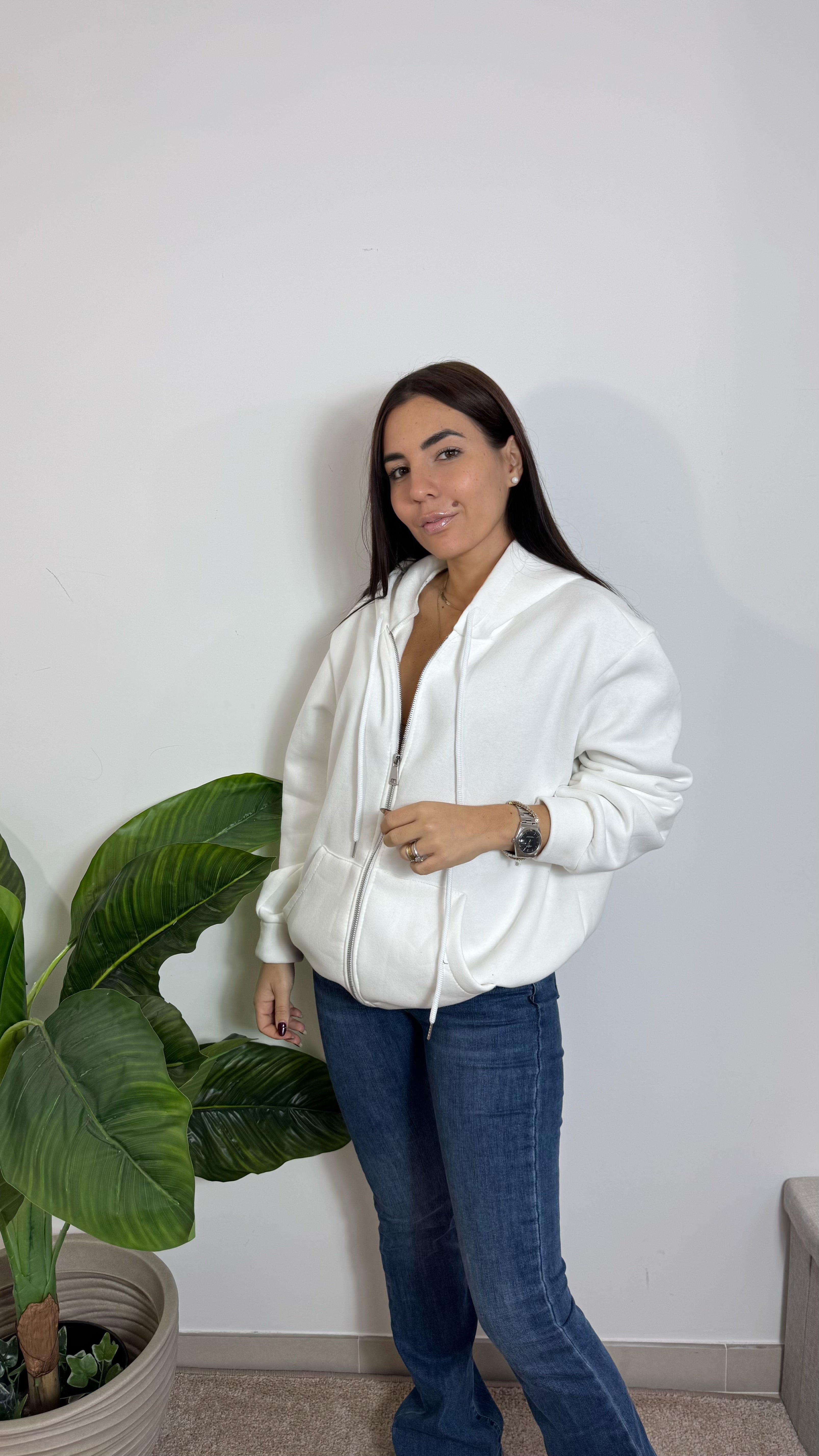 Felpa Puffy Con Zip Bianca