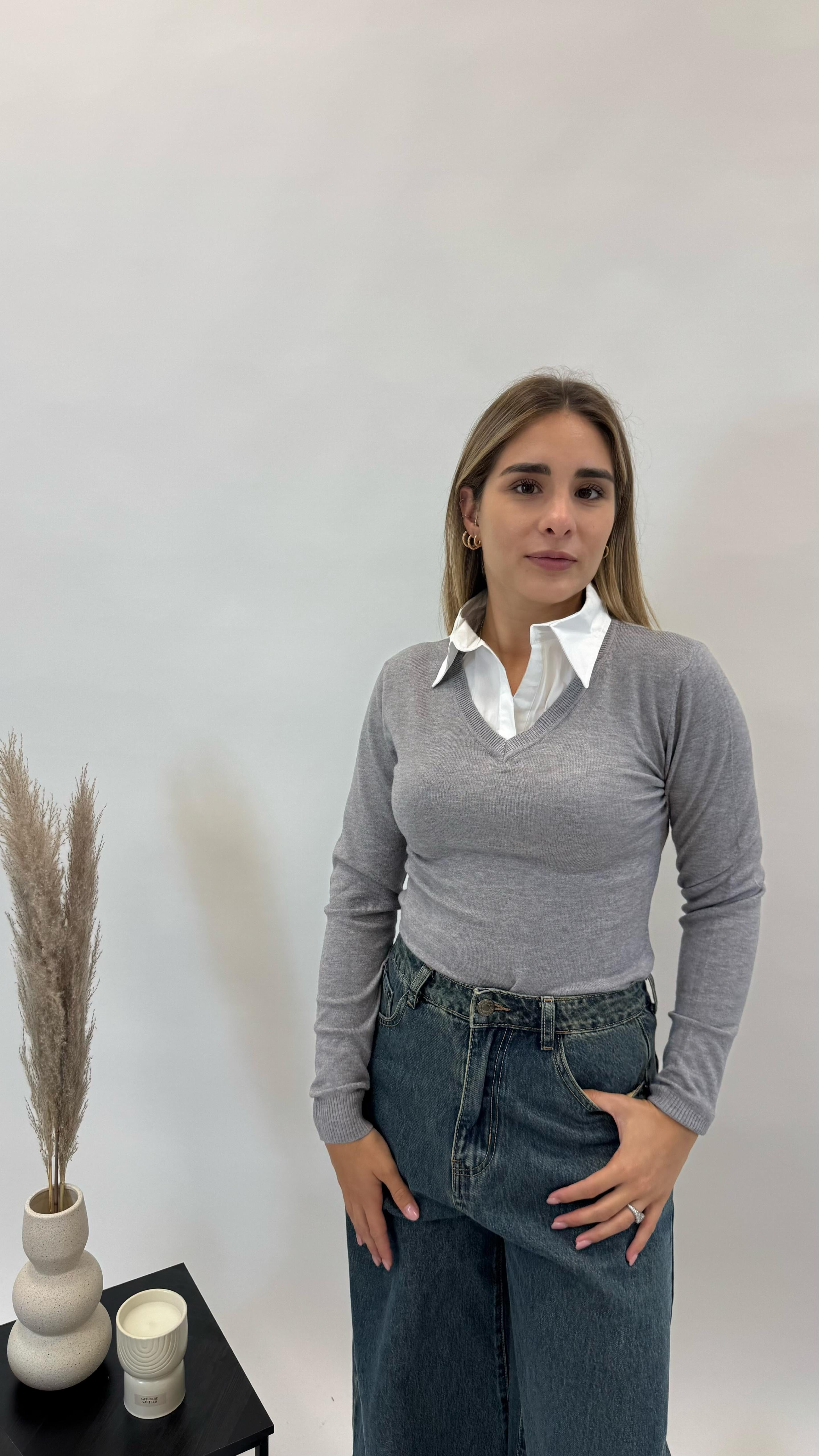 Pull Camicia Cucita Grigio Perla