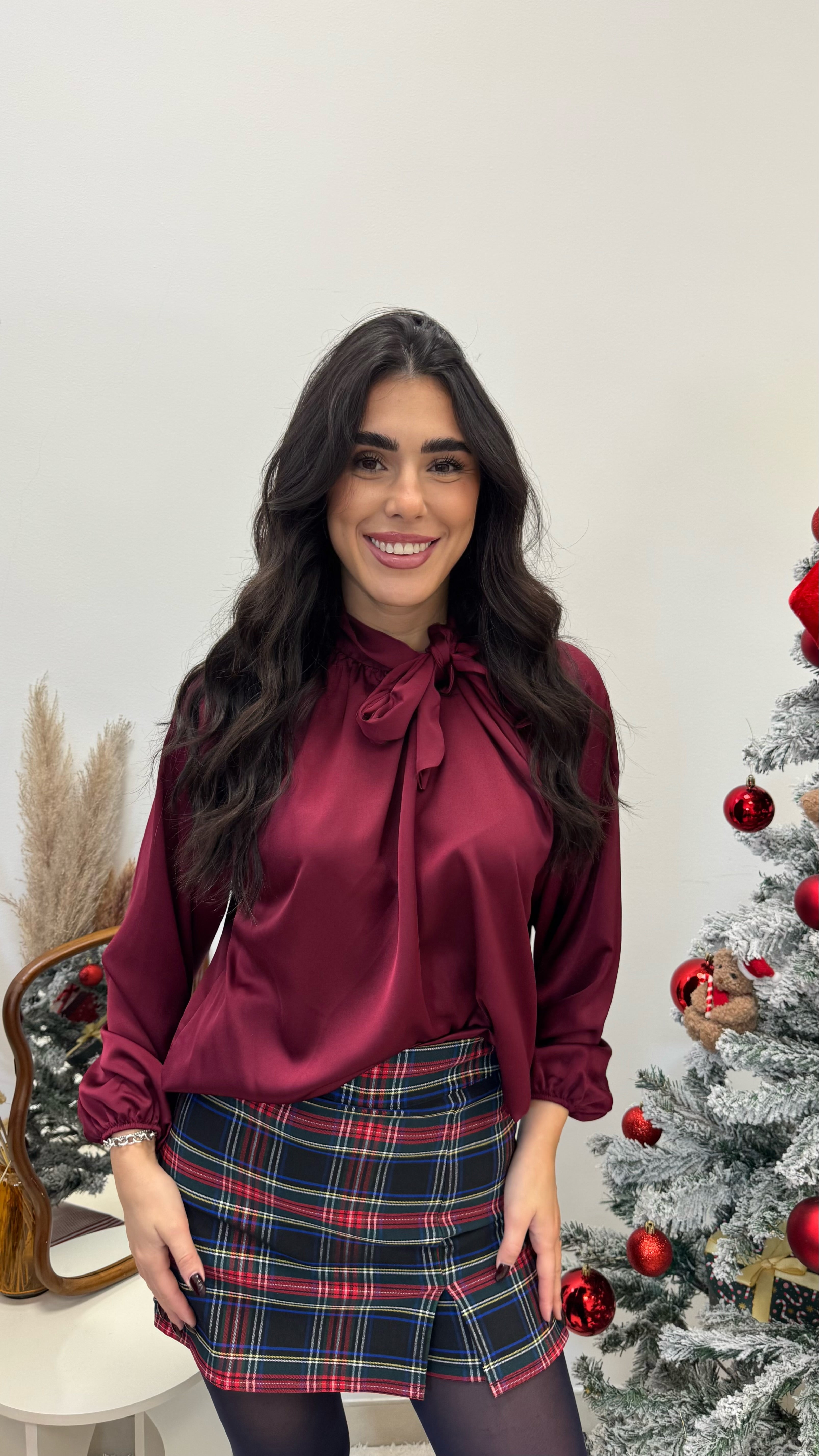 🥂Camicia Fiocco Effetto Raso Burgundy