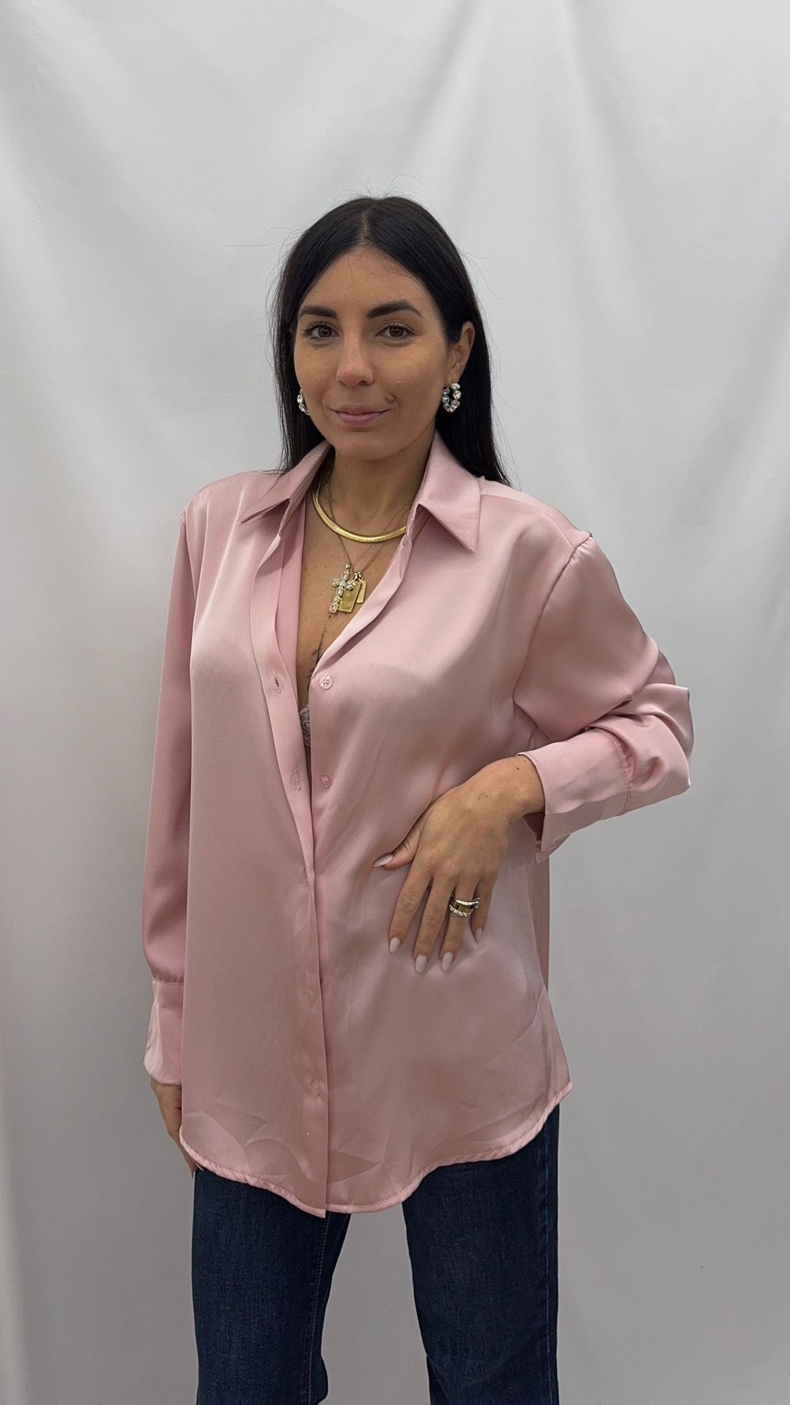 Camicia over effetto raso Pink Soft