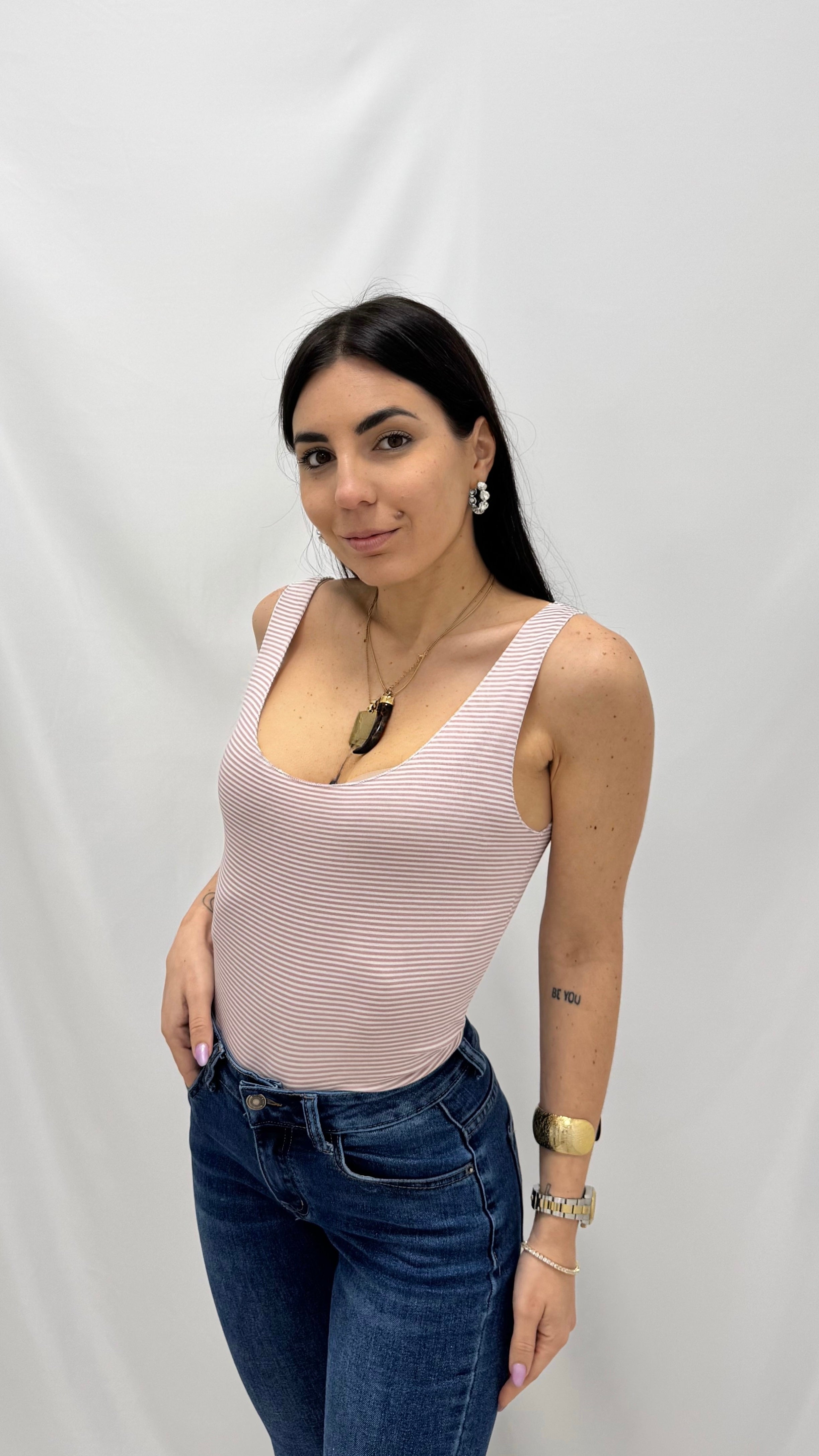 Canotta Basic Cucitura Laser stripes rosa antico