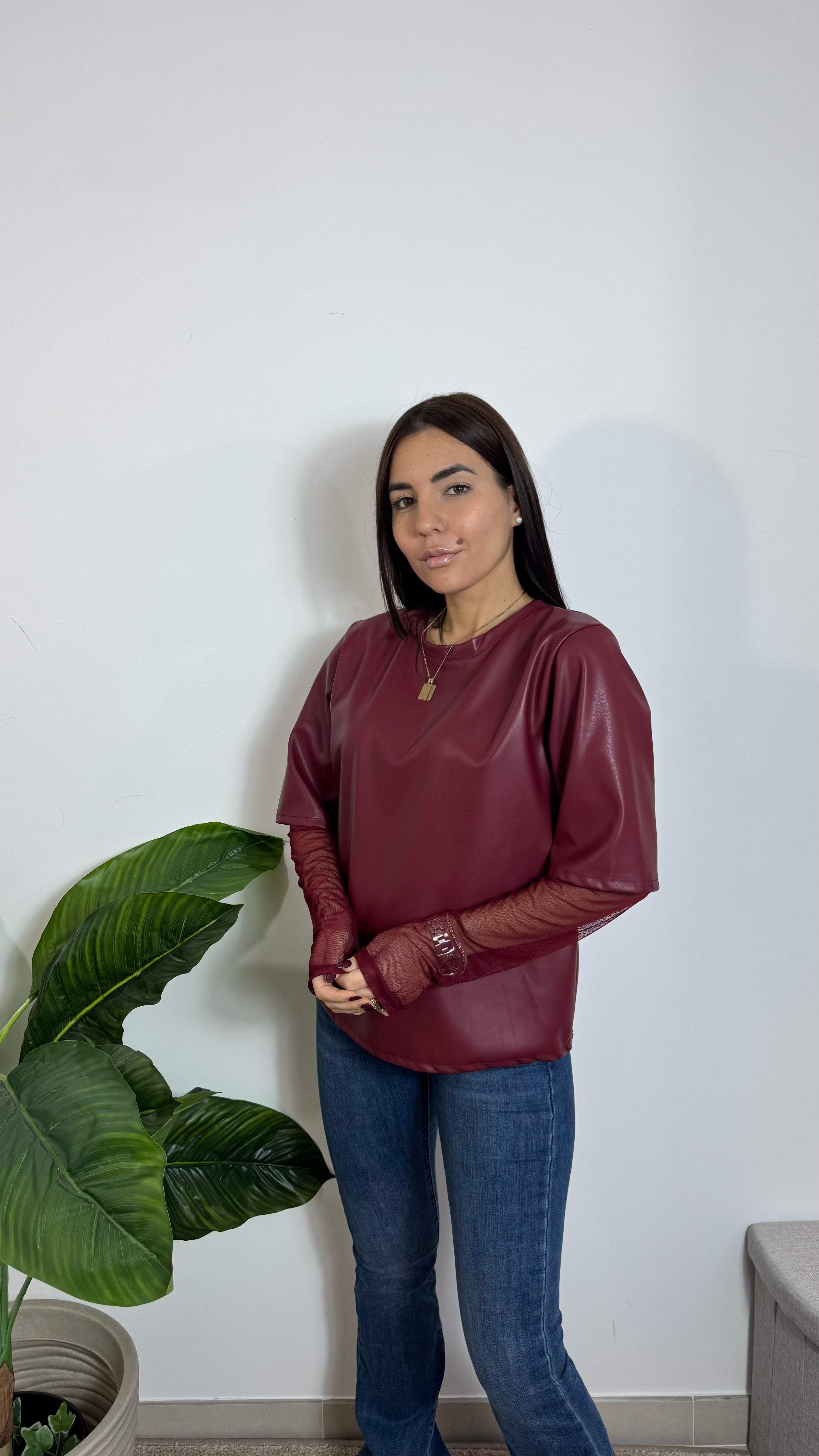 Maglia Ecopelle Manica Tulle Burgundy
