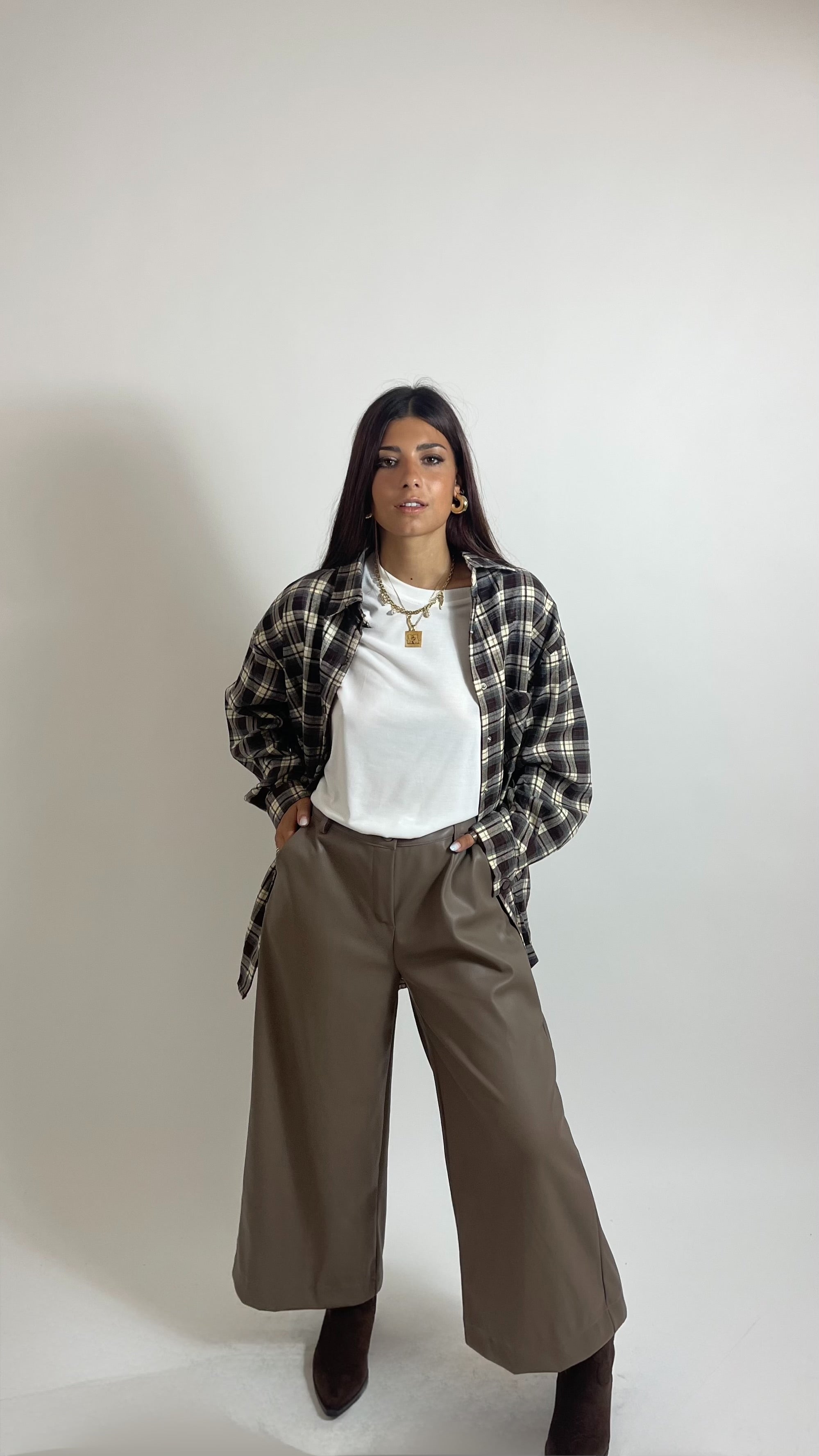Pantalone Wide Ecopelle Tortora