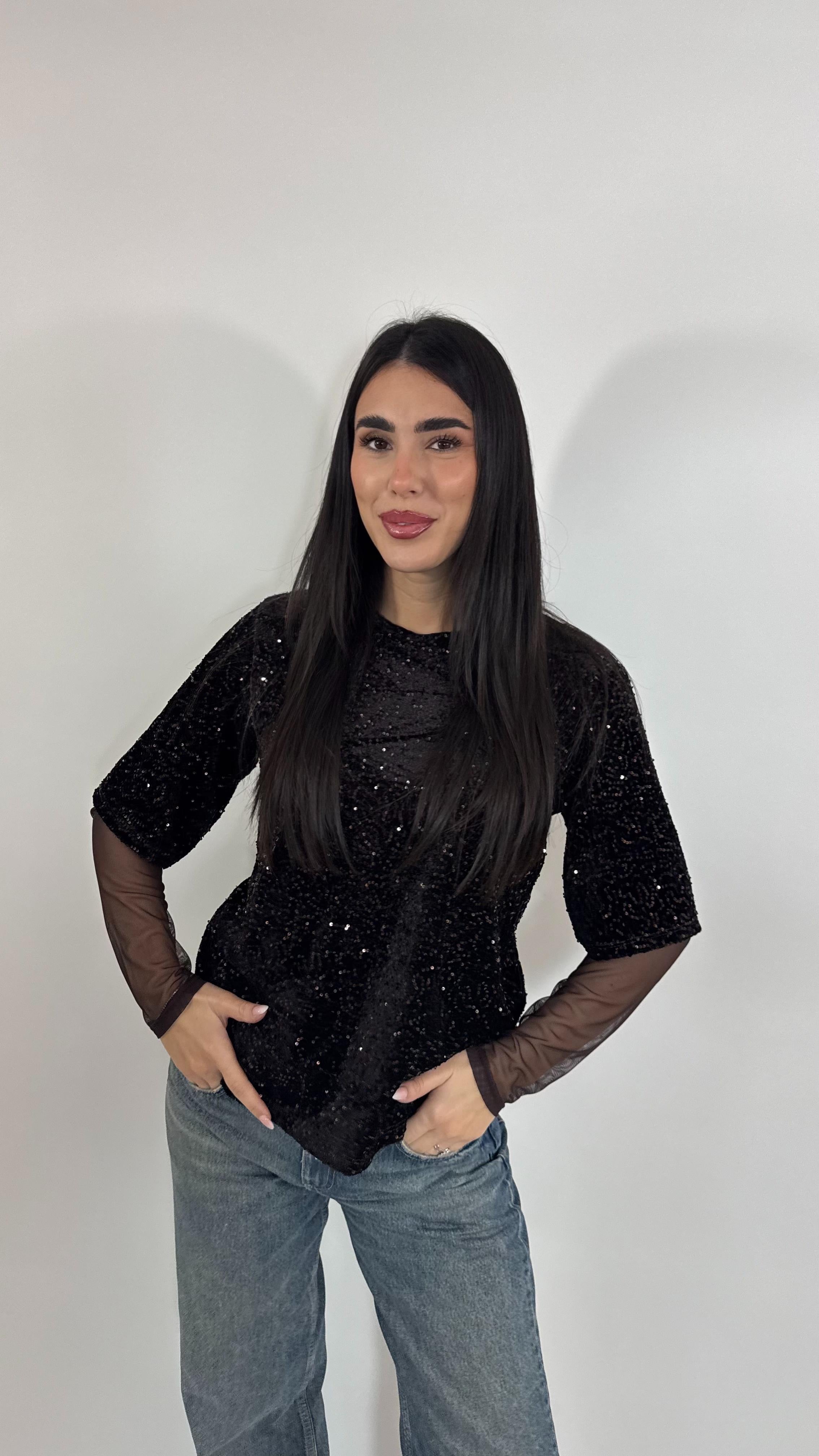 🥂Maglia Paillettes Manica Tulle Testa di Moro