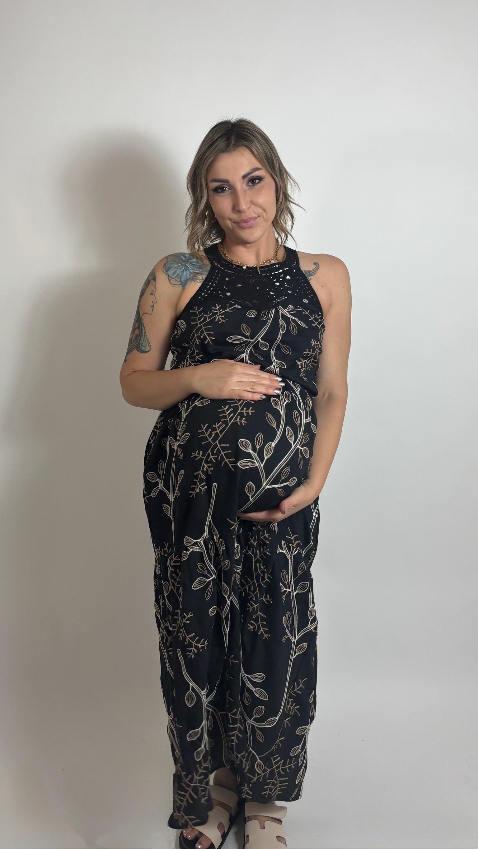 Maxi Dress Crochet Leaves Nero