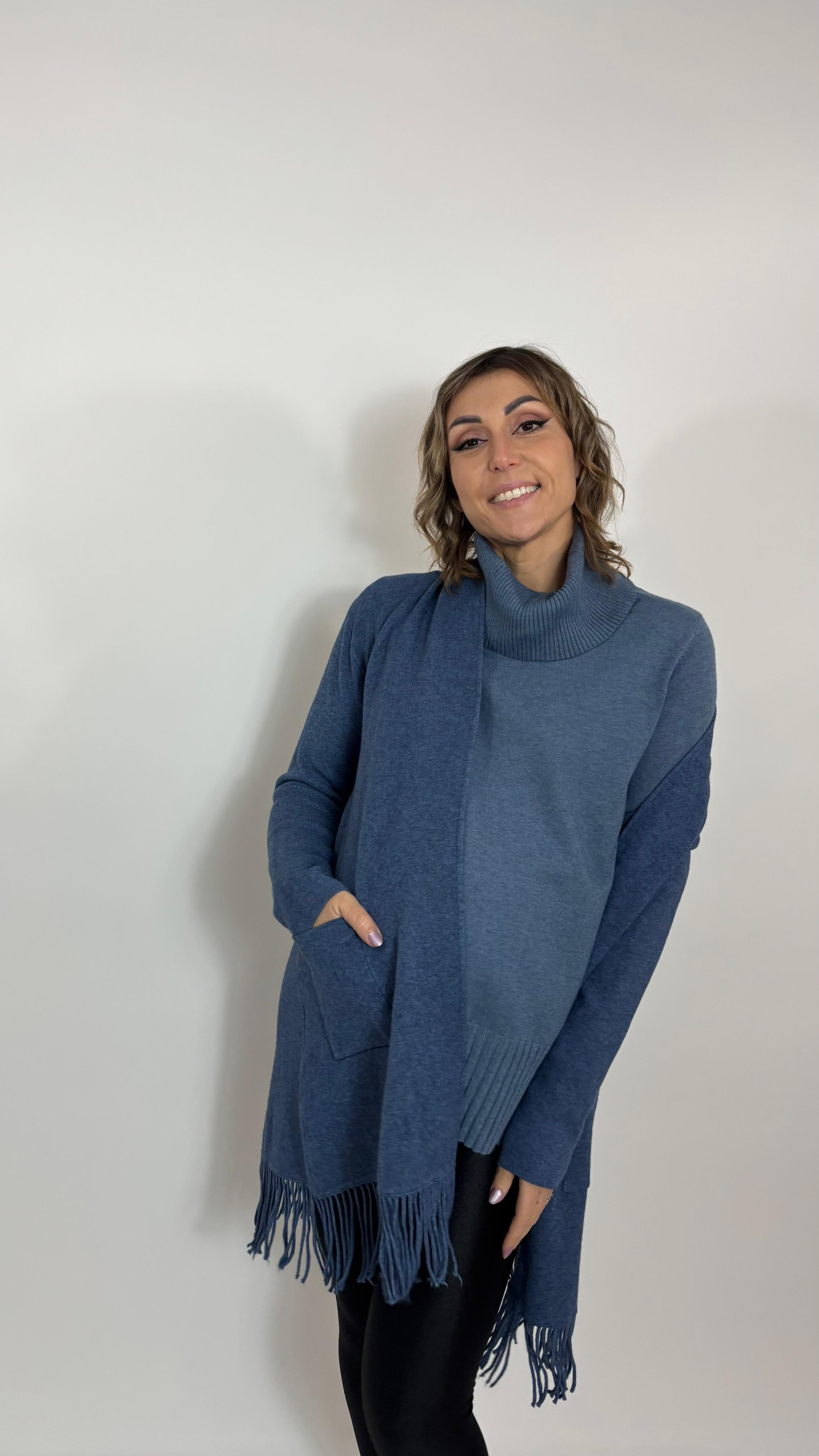Cardigan Pocket Fringe Ceruleo