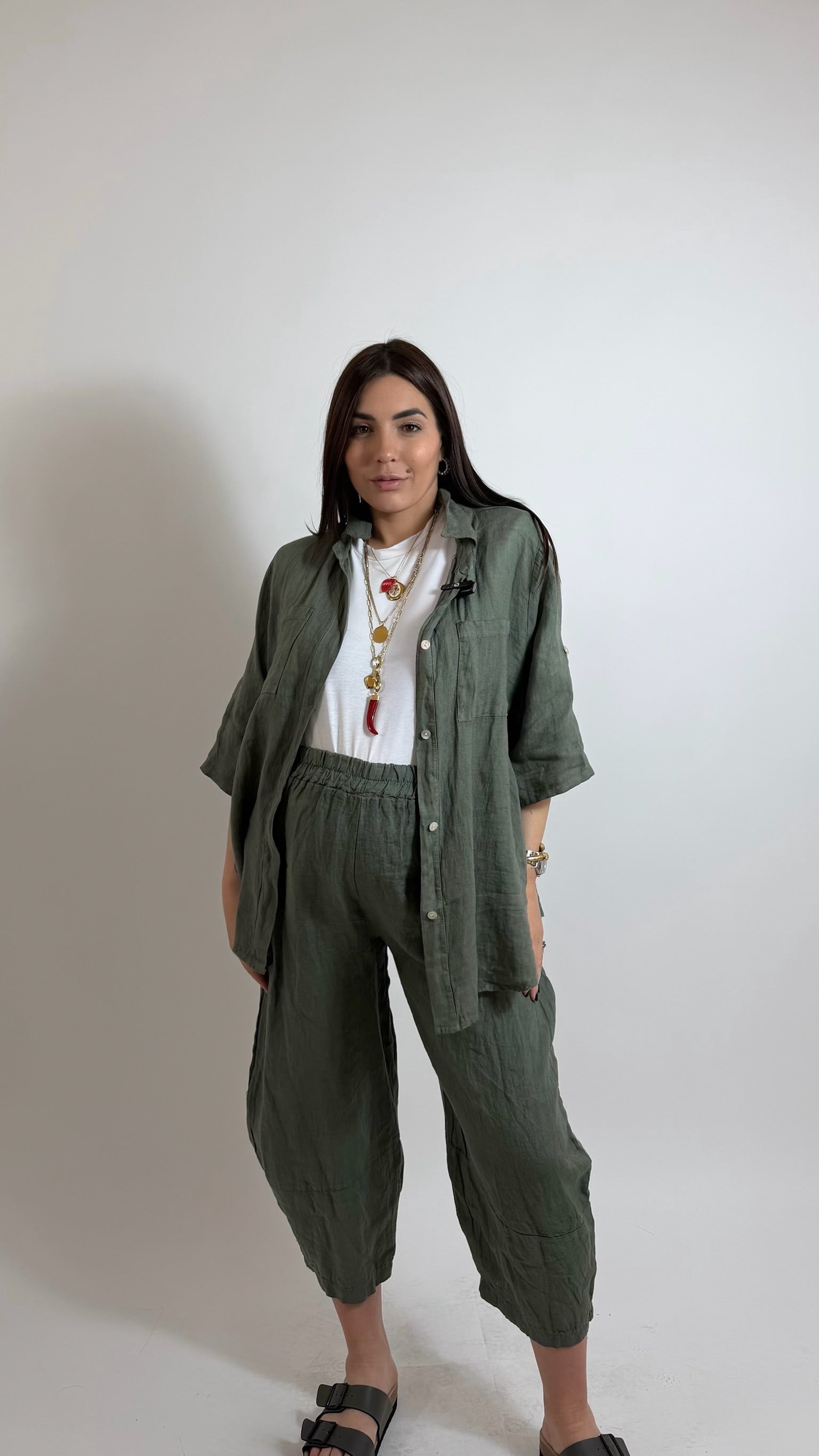Pantalone Lino Balloon Verde Utility