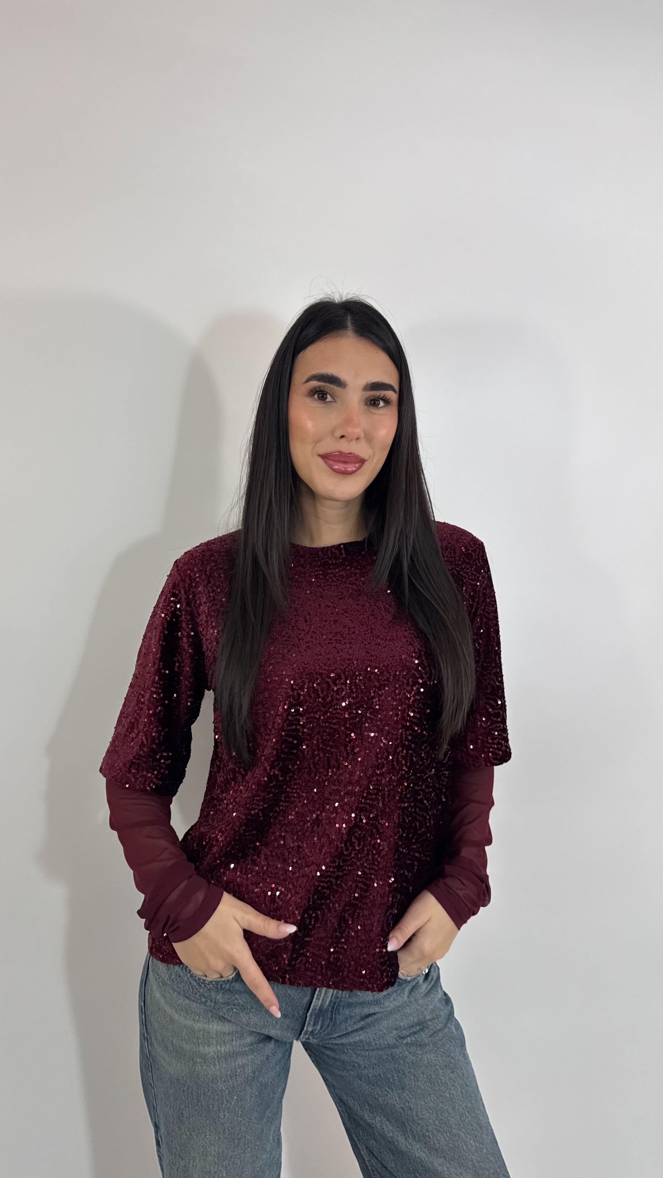 🥂Maglia Paillettes Manica Tulle Burgundy