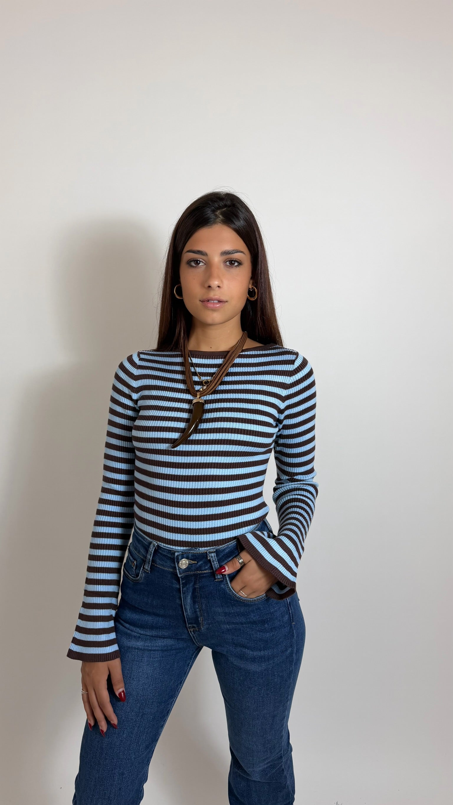 Maglia Rib Stripe Sky/Choco
