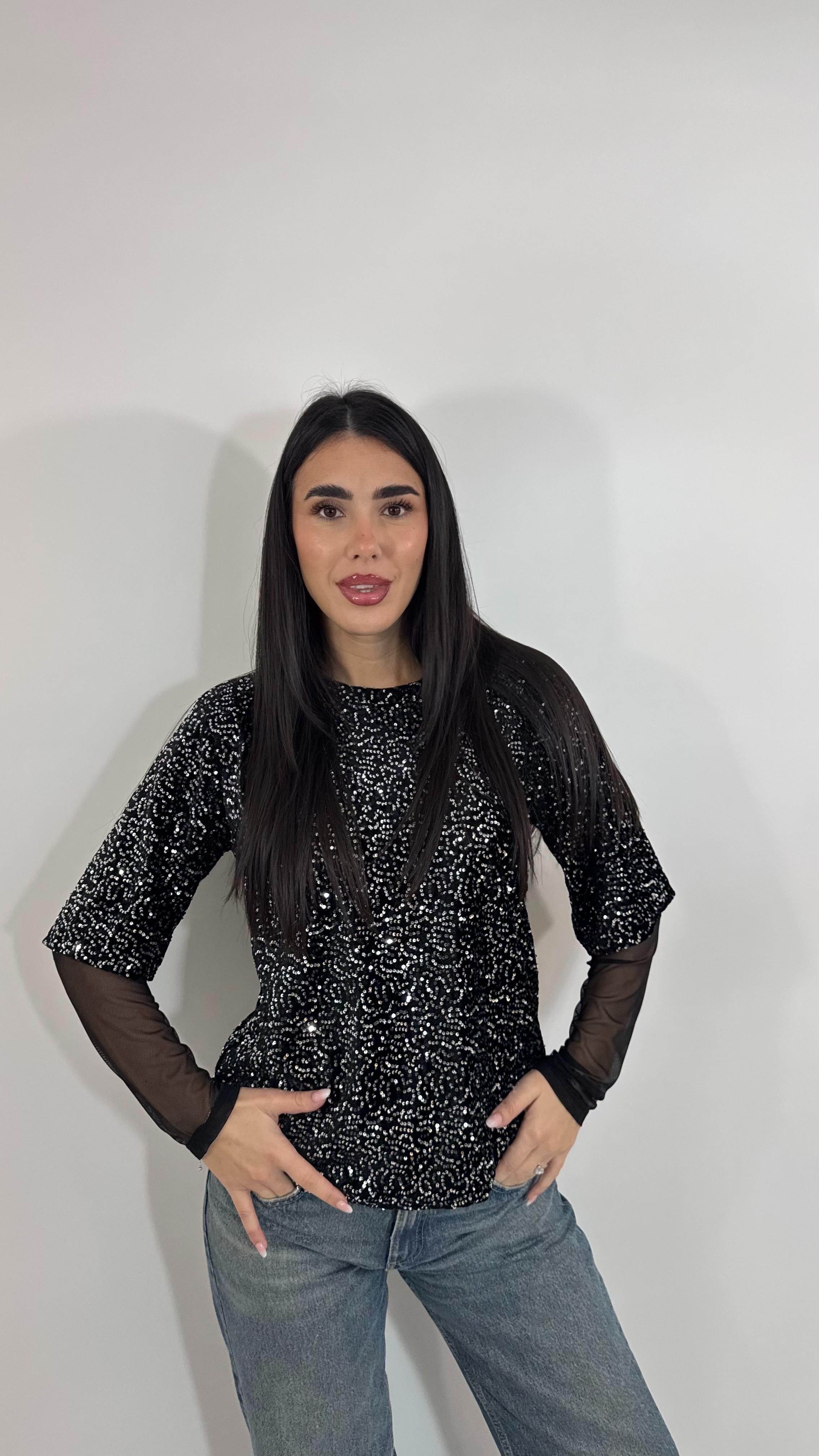 🥂 Maglia Paillettes Manica Tulle Silver Black