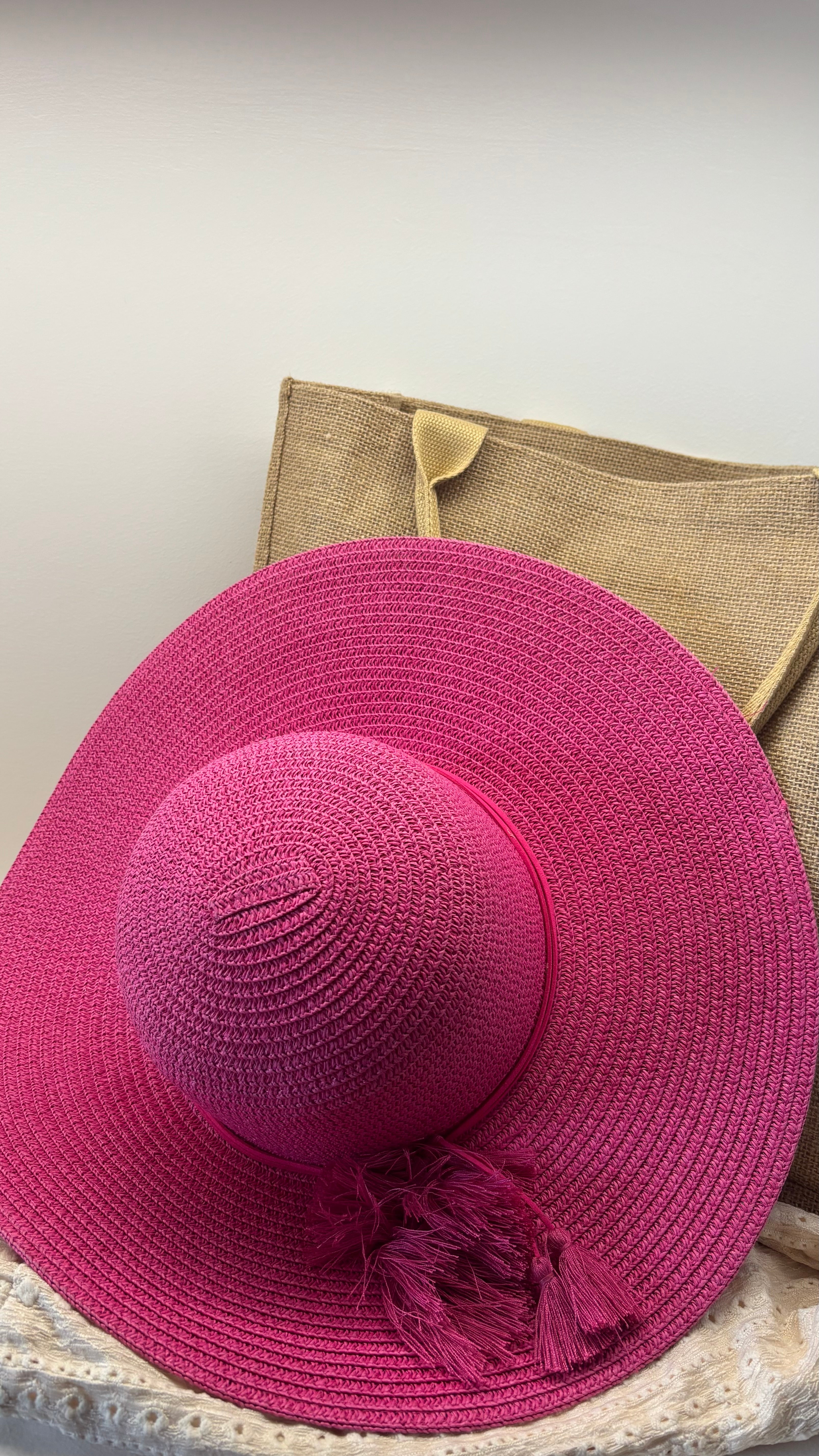 Cappello Falda Larga - Rafia e Nappine - Magenta