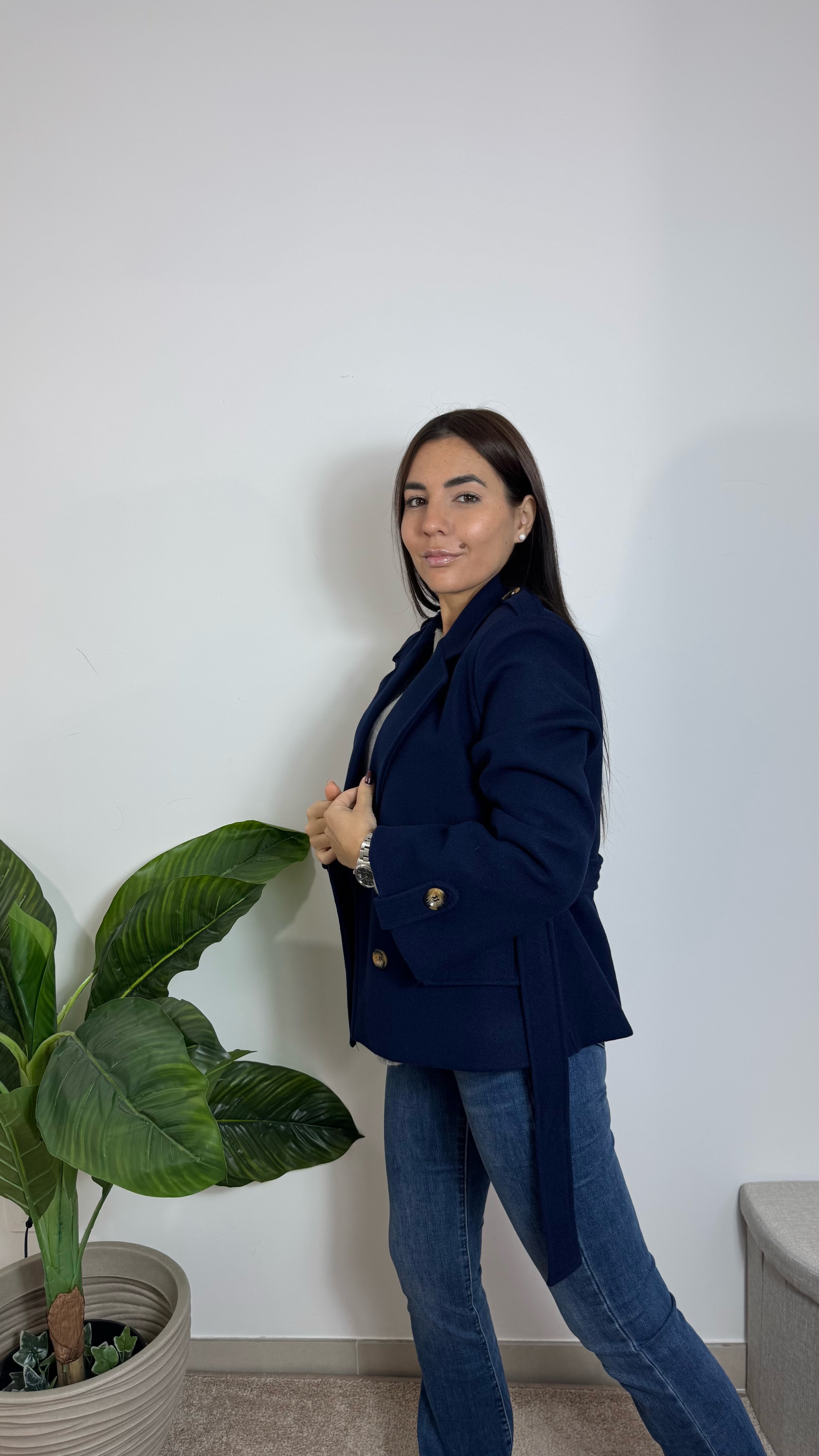 Mini Coat Con Cinta Blu Notte