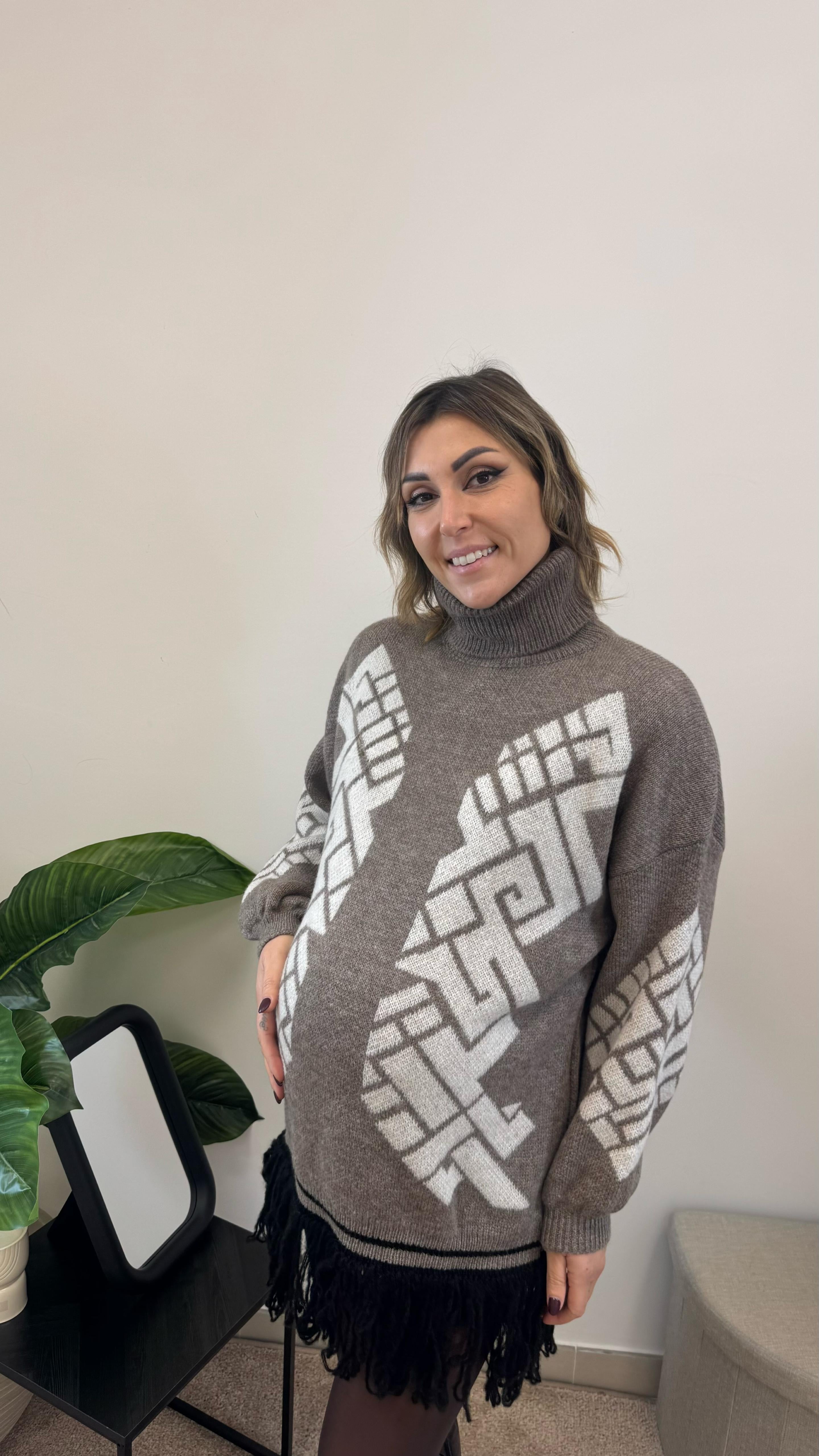 Maxi Pull Jacquard con Frange