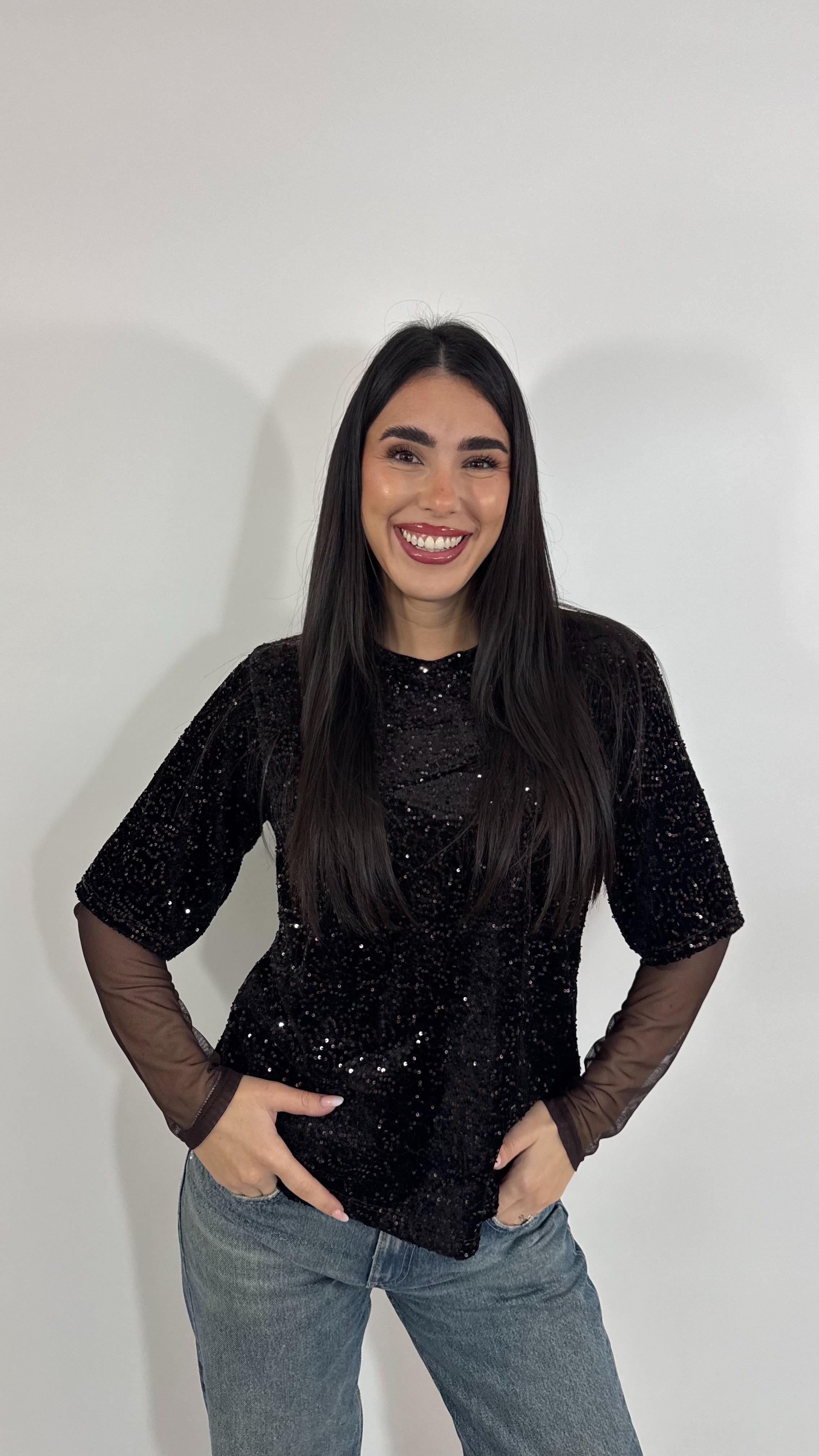 🥂Maglia Paillettes Manica Tulle Testa di Moro