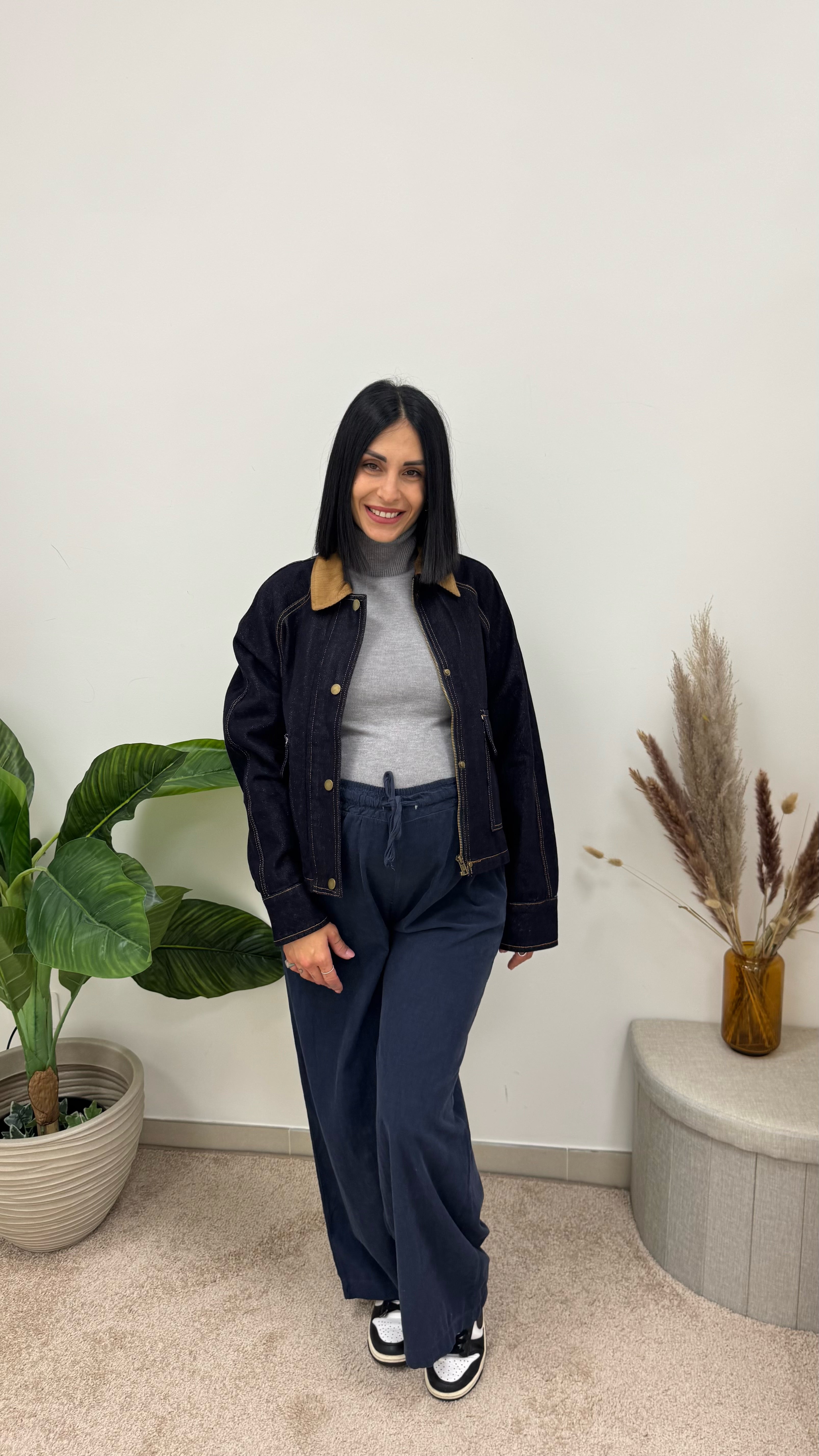 Giacca Denim con Colletto a Contrasto