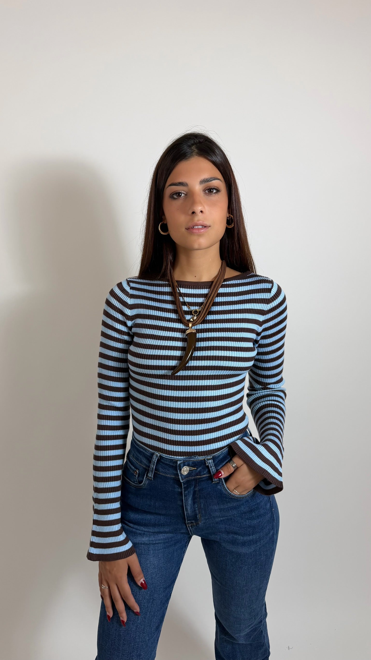Maglia Rib Stripe Sky/Choco