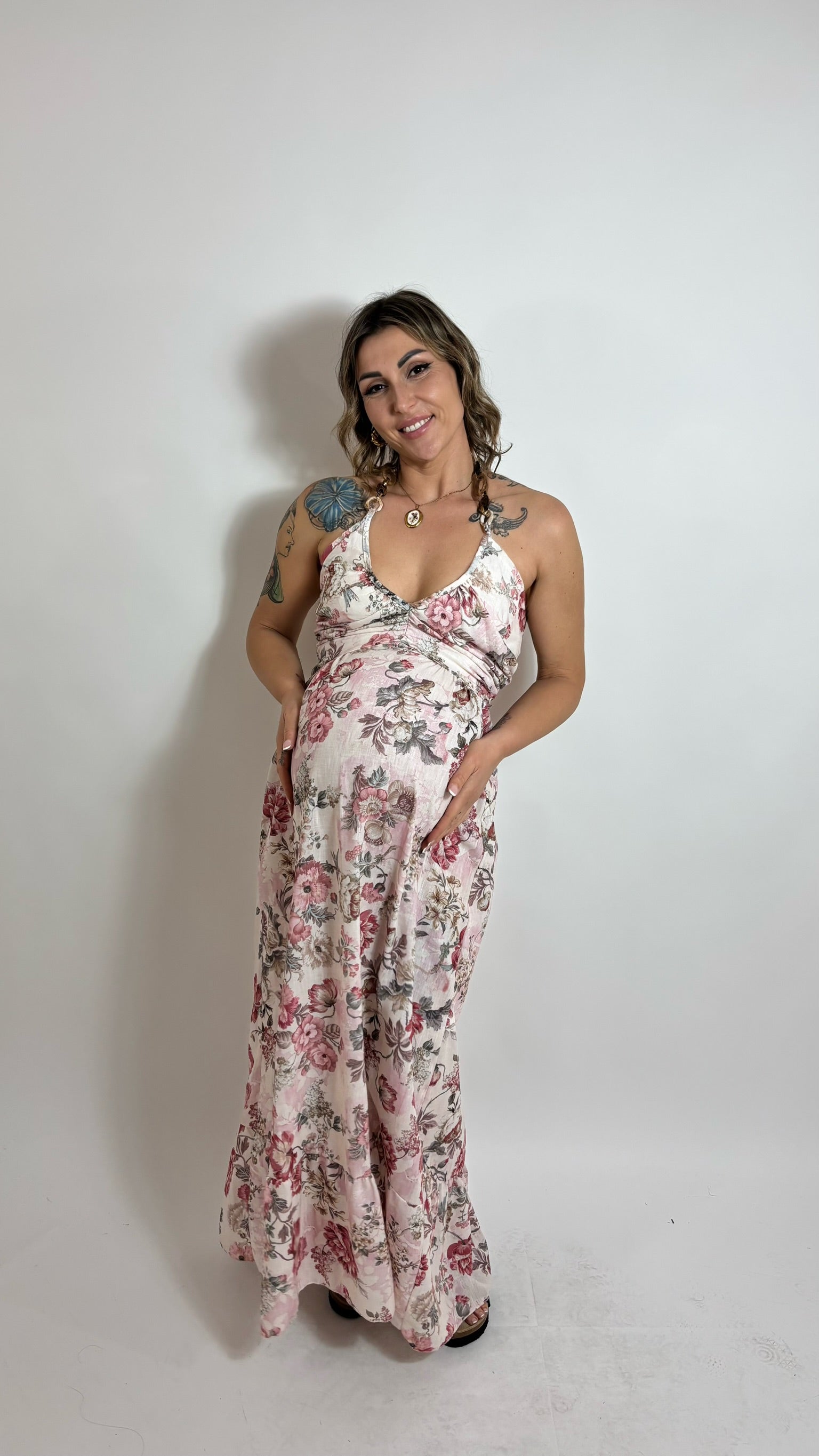 Maxi Dress Flower Jewel Rosa