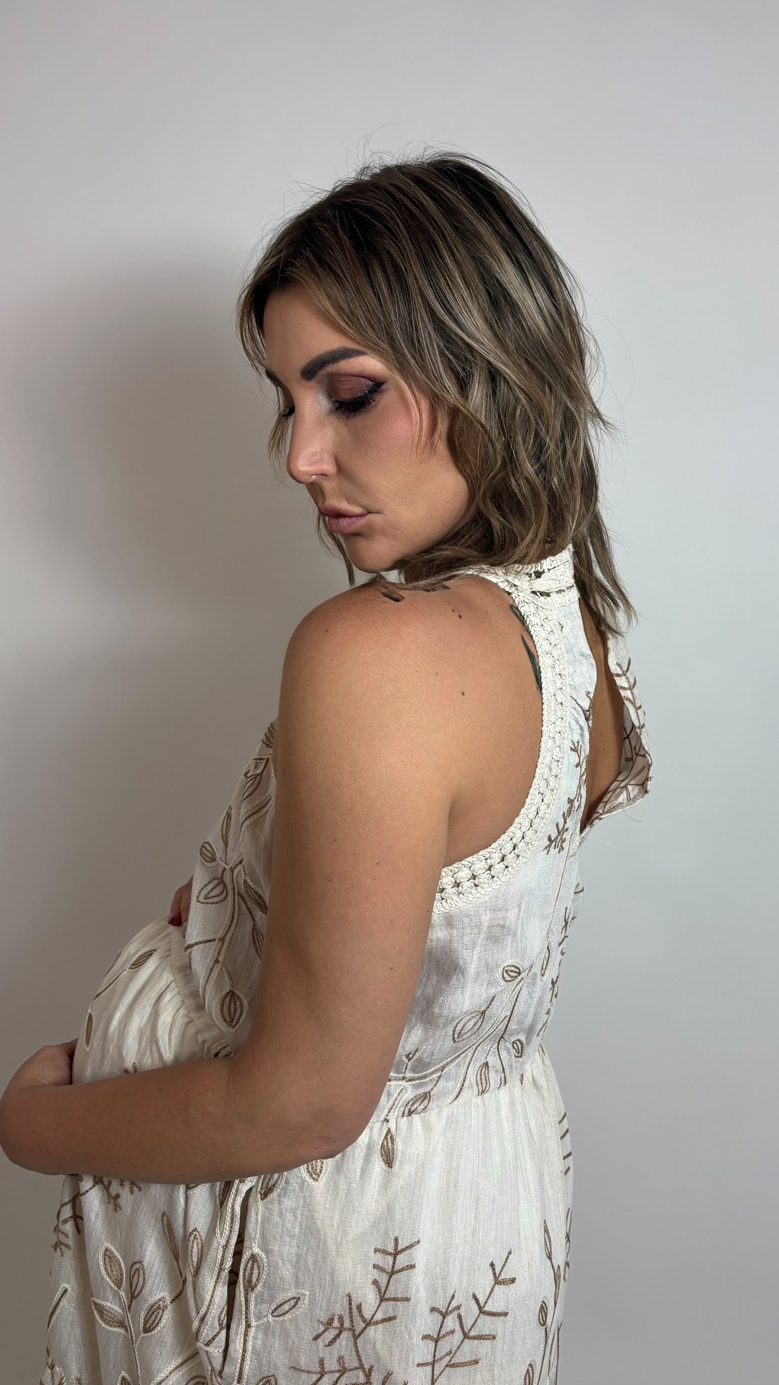 Maxi Dress Crochet Leaves Ecru