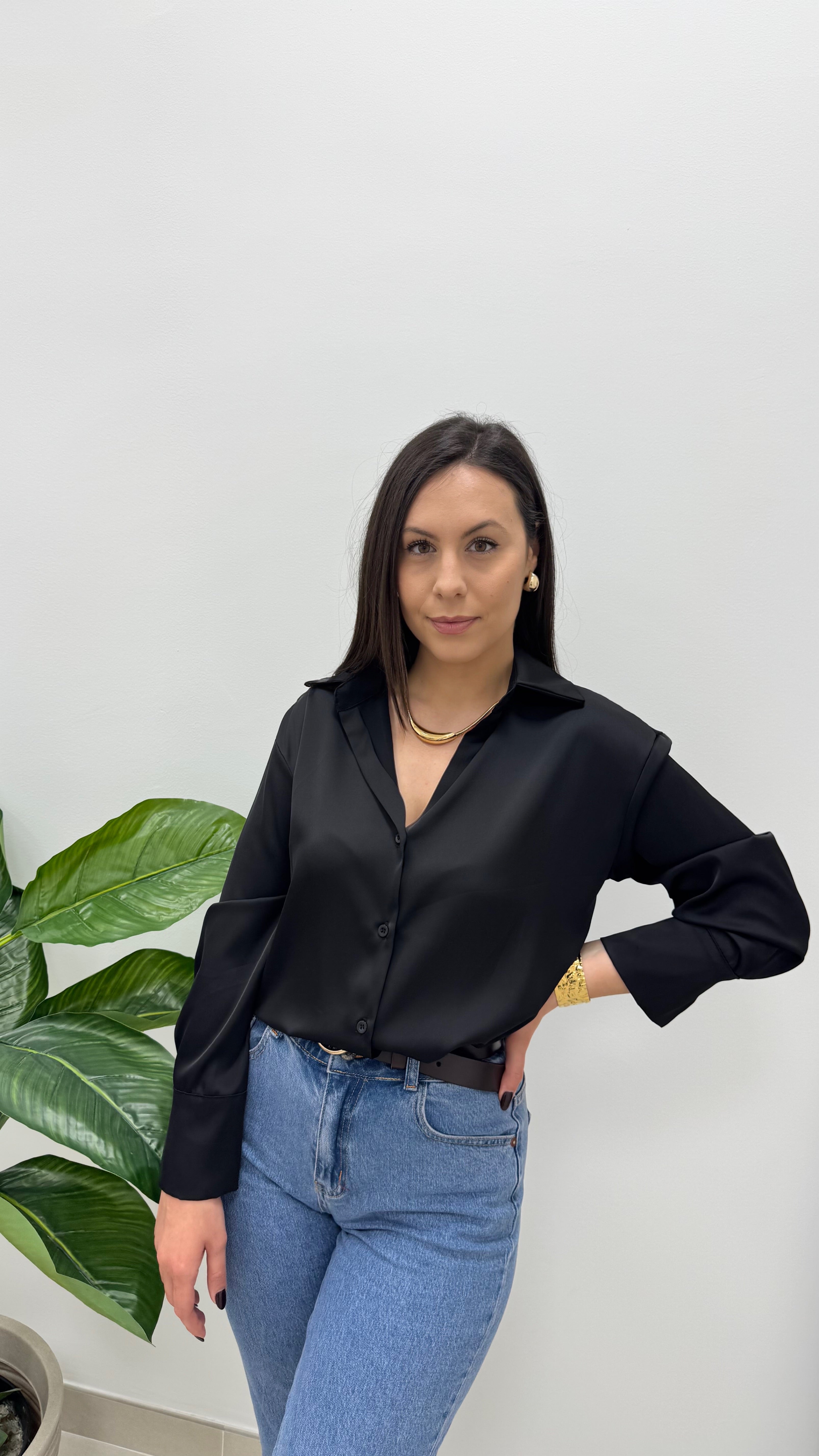 Camicia Over Effetto raso Nero