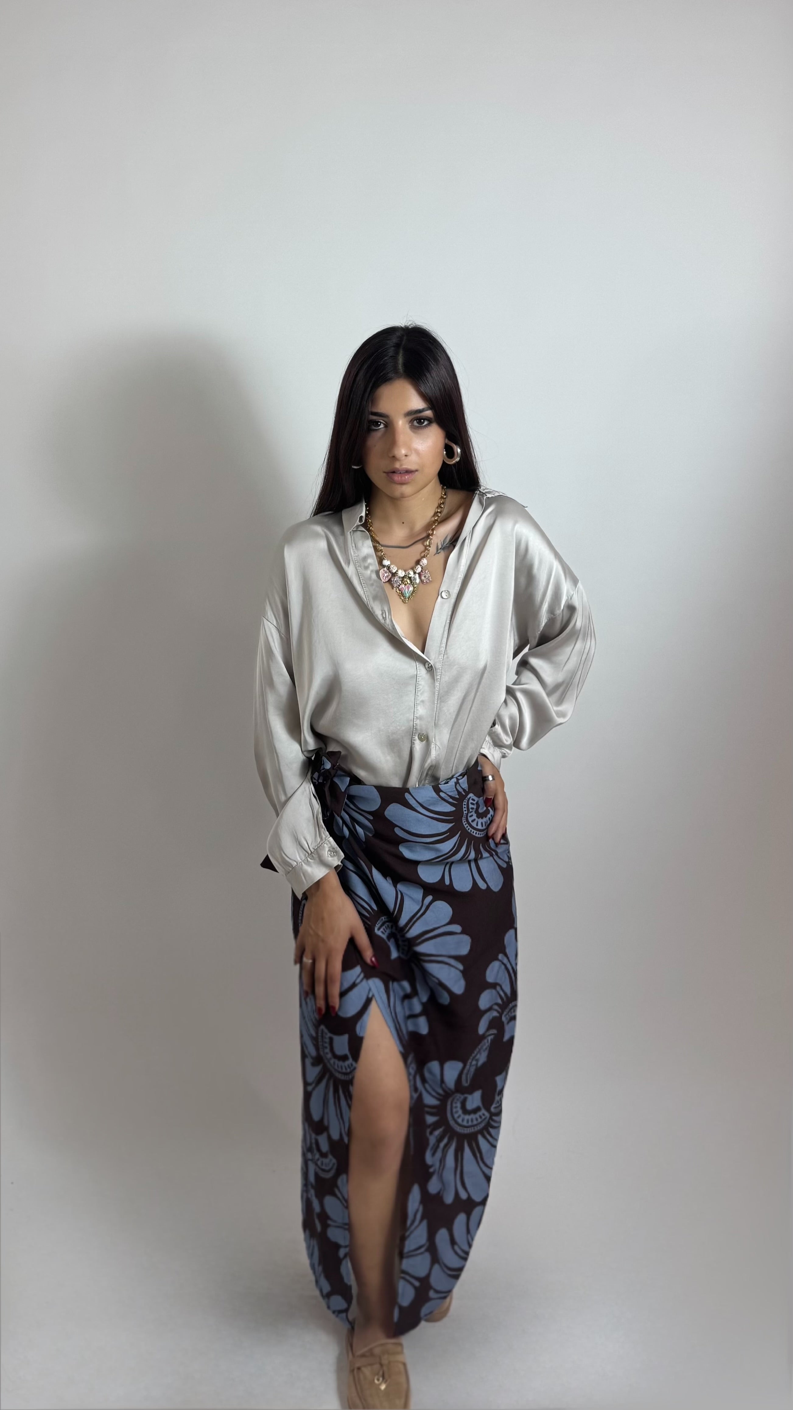 Gonna Pareo Midi Flower Moka/Indaco