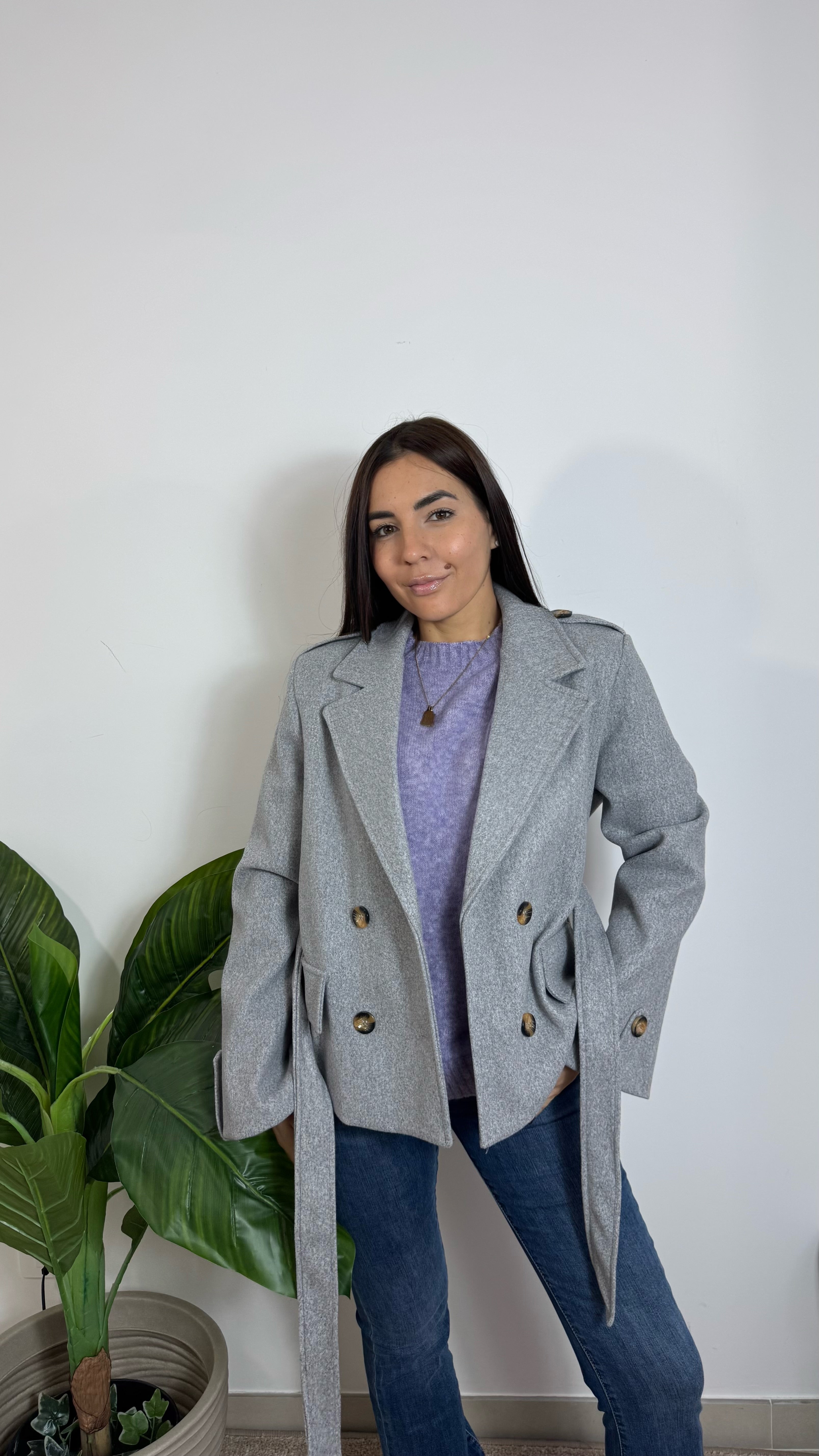 Mini Coat Con Cinta Grigio Perla