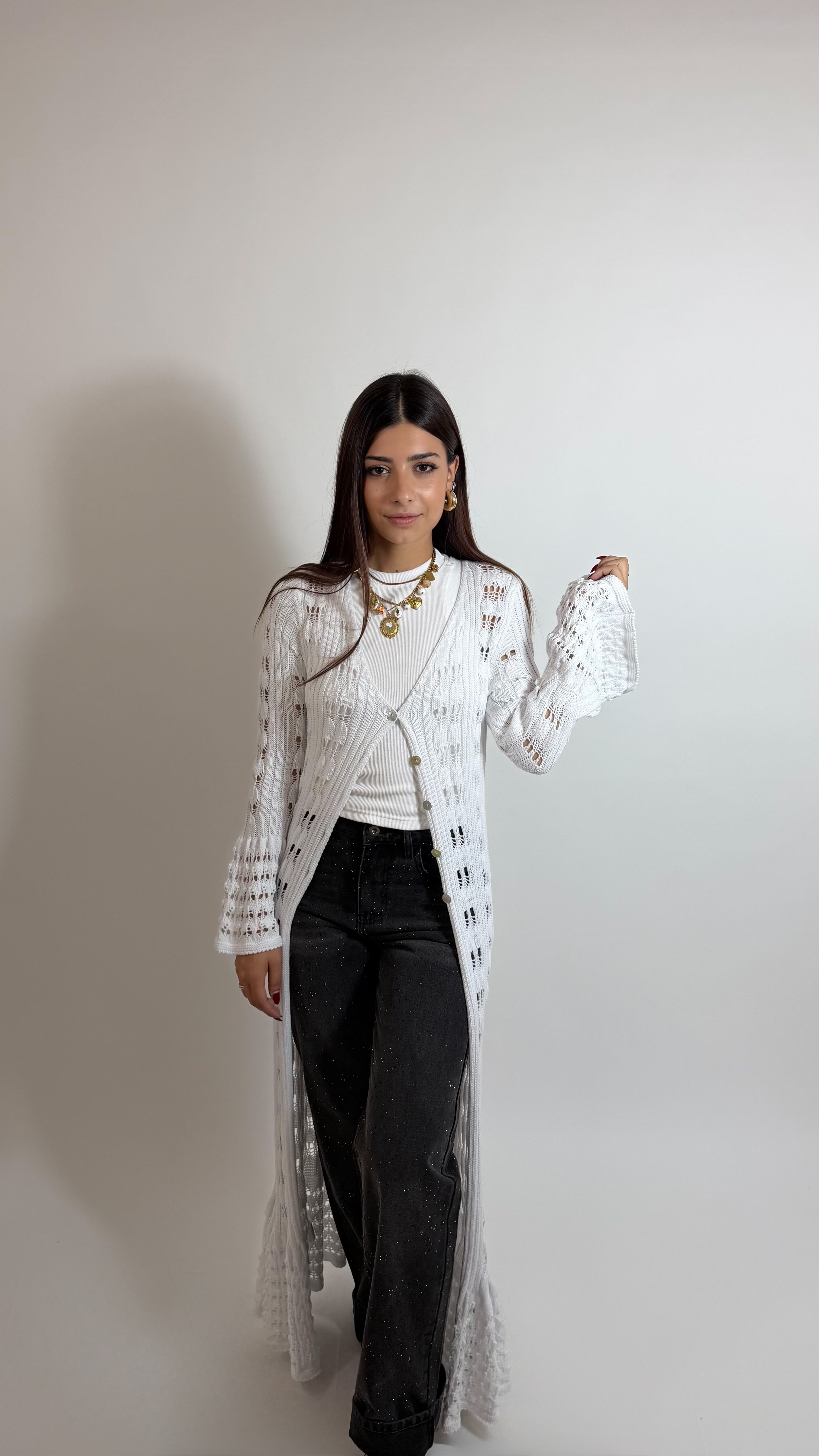 Maxi Cardigan Crochet Bianco